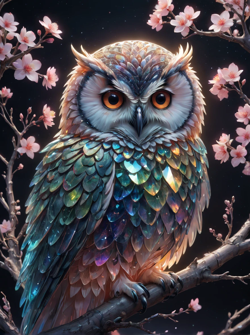 Full body close-up portrait of Ribkagel. (crystal owl)，(Made of rainbow crystal)，bioluminiscent creature,(peach blossom),(On delicate branches)、intricate artwork . Rendering with Octane, Trending at Art Station,T-symmetrical artwork. night,starry sky,starlight, cinematic, ultra realistic realism, high detail, Rendering with Octane, 32K, Bright colors, broken glass effect, no background, amazing, What doesn't exist, wonderful existence, energy, molecular, textured, Iridescent colors and emission scales, pure perfection, divine being, Unforgettable, impressive, volume light, There is a cleavage, light, Bright colorsの反射