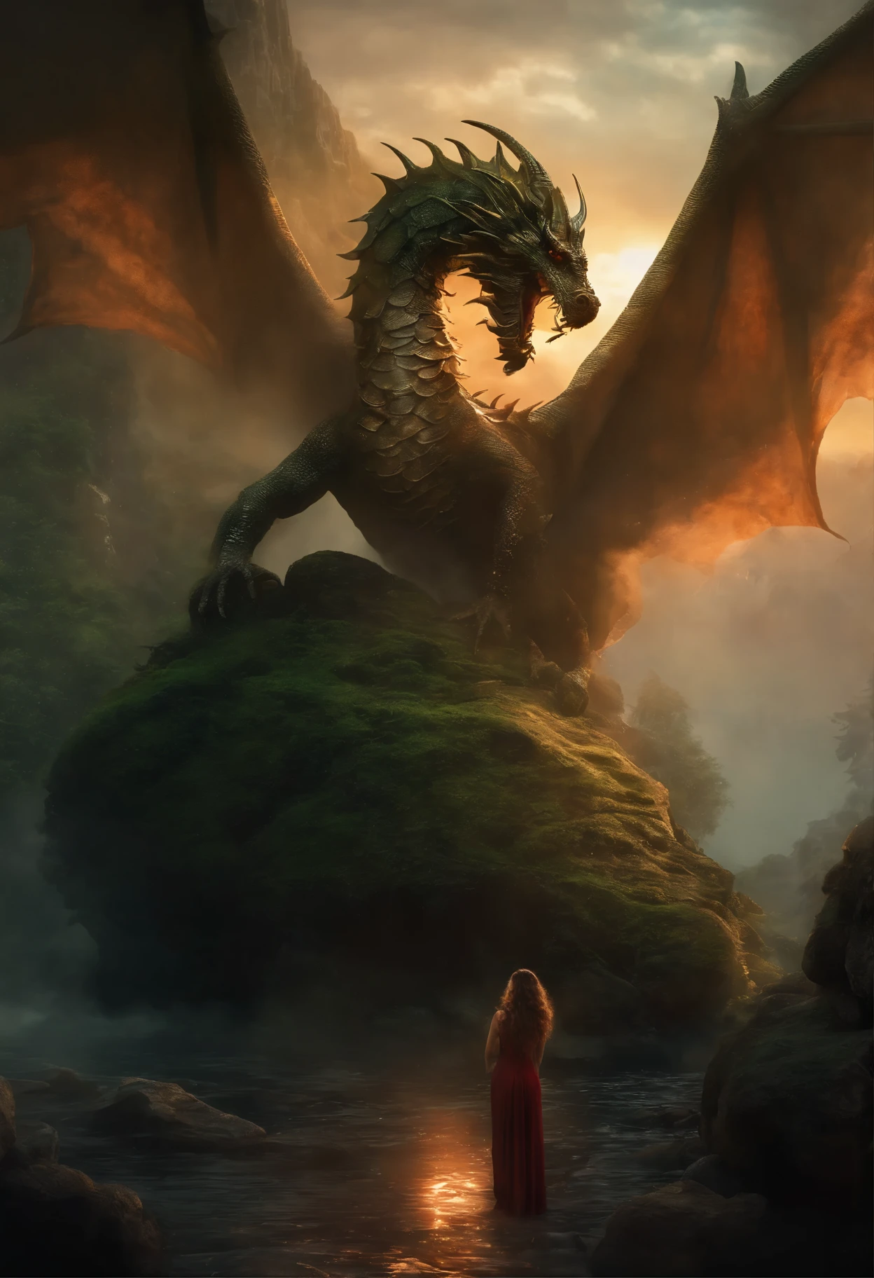 Painting of a woman with brown curls in a green dress, standing under a huge dragon on a rock-ledge in fire, Goddess of Fire, wonderful fiery mood, dreamlike digital painting, Magical colors and atmosphere, lost in a dreamy fairy landscape, Magical colors and atmosphere, Fiery light, moody foggy fantasy art, Standing in a mystical forest, Fantasy digital painting, dragon calm, Dreamy scene, Mystical scene, fire empress