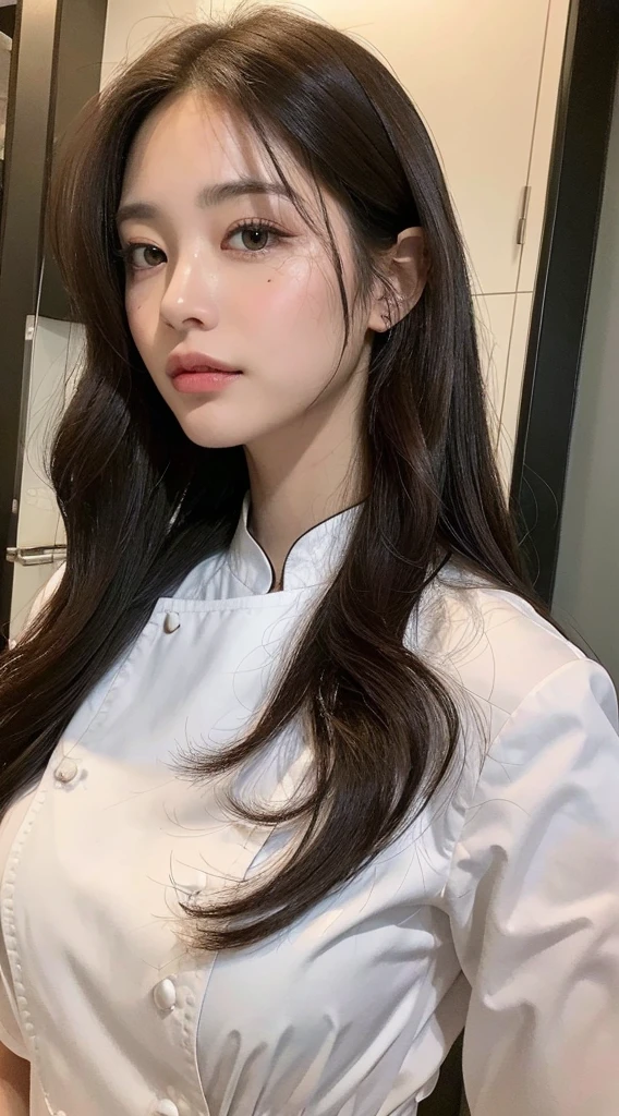 (best quality, high resolution, chef-d&#39;artwork :1.3), Une grande et jolie femme, Abdos minces, Dark Brown Hair Styled in Loose Waves, seins, Porter un pendentif, White Button Down Shirt, ceinture, Jupe noire, (Modern architecture in the background), Superbly rendered details on the face and skin texture, detailed eyes, double eyelid