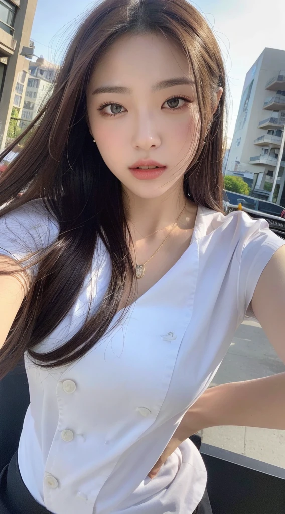 (best quality, high resolution, chef-d&#39;artwork :1.3), Une grande et jolie femme, Abdos minces, Dark Brown Hair Styled in Loose Waves, seins, Porter un pendentif, White Button Down Shirt, ceinture, Jupe noire, (Modern architecture in the background), Superbly rendered details on the face and skin texture, detailed eyes, double eyelid