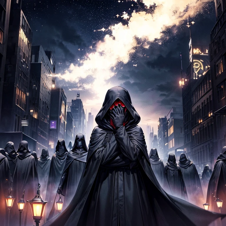 over 100 men, (((males))), (((covered faces))), (((serious))), (((black hooded cloaks))), (((night, nighttime, dark sky))), (((marching))), (((city, lit-up city)))