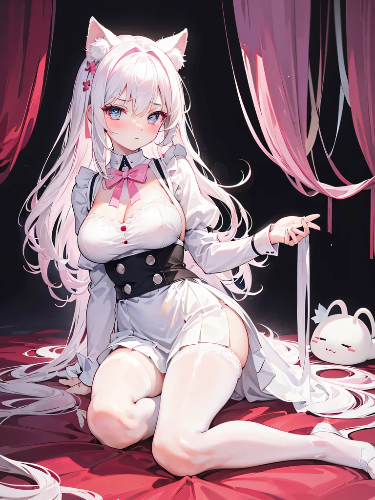 big breasts,Wearing maid outfit,blush, surprise,look at me,pink student,Lace tights,beautiful hair、 beautiful eyes、 beautiful skin、beautiful legs、beautiful arms、perfect fingers、 very cute,white hair, long hair,white cat ears, white cat tail,best quality,high resolution,top quality、 looking at the audience,sitting,kneeling&Place on the bed,Knees together,internal figure eight,Beautiful girl alone,Pink bow,slender eyebrows,hair slightly moist,On a very large white bed, white pillows,perfect waist,Skirt has cutouts at the end,Pouting,The clothes are a little wet,little girl,very young,18 years old,Obediently put your hands in front of you