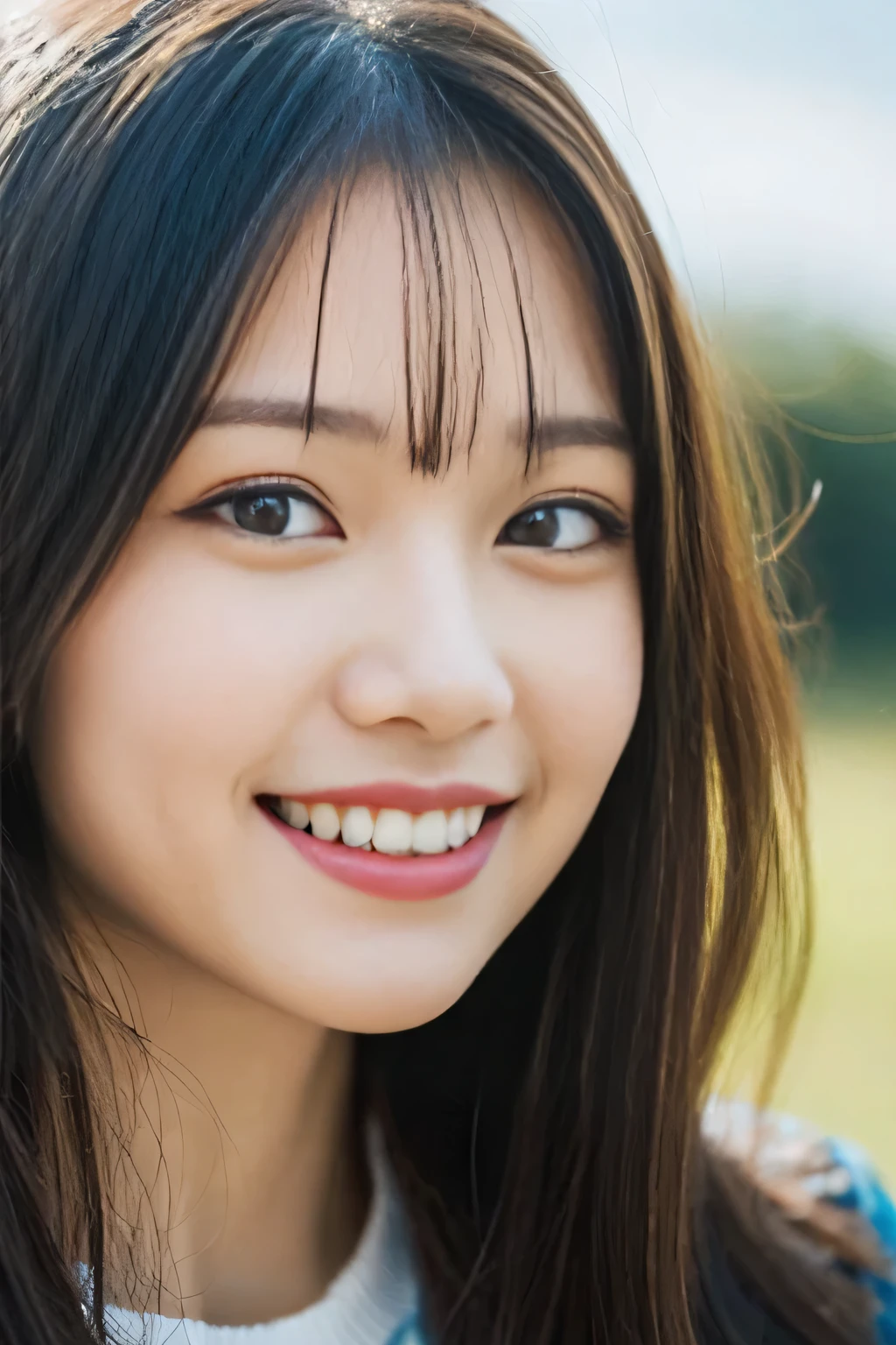 ((Show only the face、close up of face))、(realistic、Photoreal、Super detailed、best detailed skins、highest quality、masterpiece、ultra high resolution)、cute japanese woman、17 years old、high school girl、young girl、light makeup、1 girl、have bangs、double eyelid、drooling eyes、big black eyes、Japanese style face、smile、Charm、purity、cute smile、double teeth、watch here、realistic肌タイプ、thick muffler、Grey muffler、fluffy hair、Hair is curled、red cheeks、the wind is blowing、Light is coming in from behind