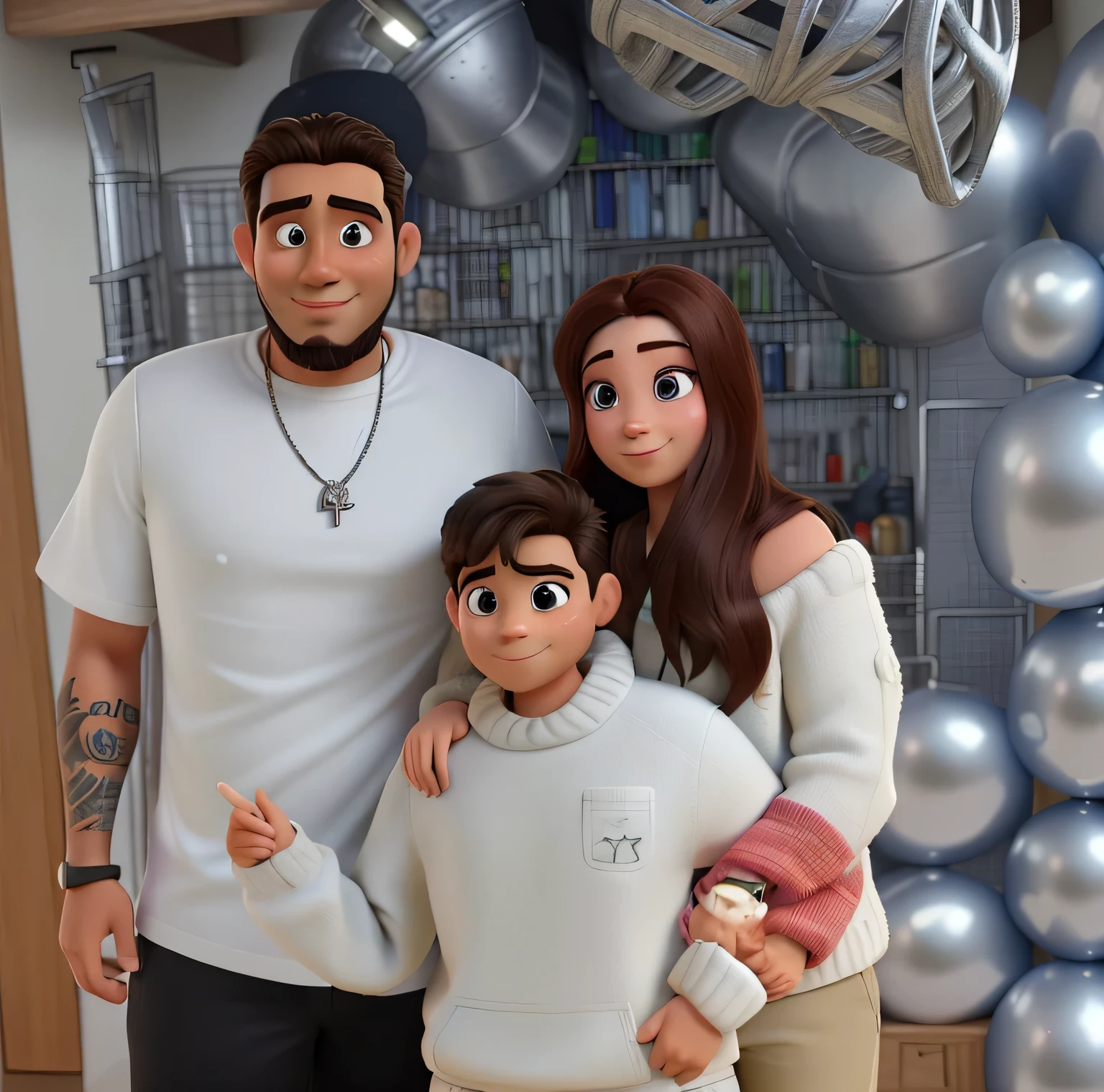 Disney Pixar Style Poster, pai branco ,careca de bone, com barba ruiva, olhos castanho escuro, mae branca, olhos castanhos, cabelo loiro escuro, filho, pele branco, 8 anos, faltando os dois dentes da frente, cabelo loiro escuro, olhos puxados castanho escuro. 