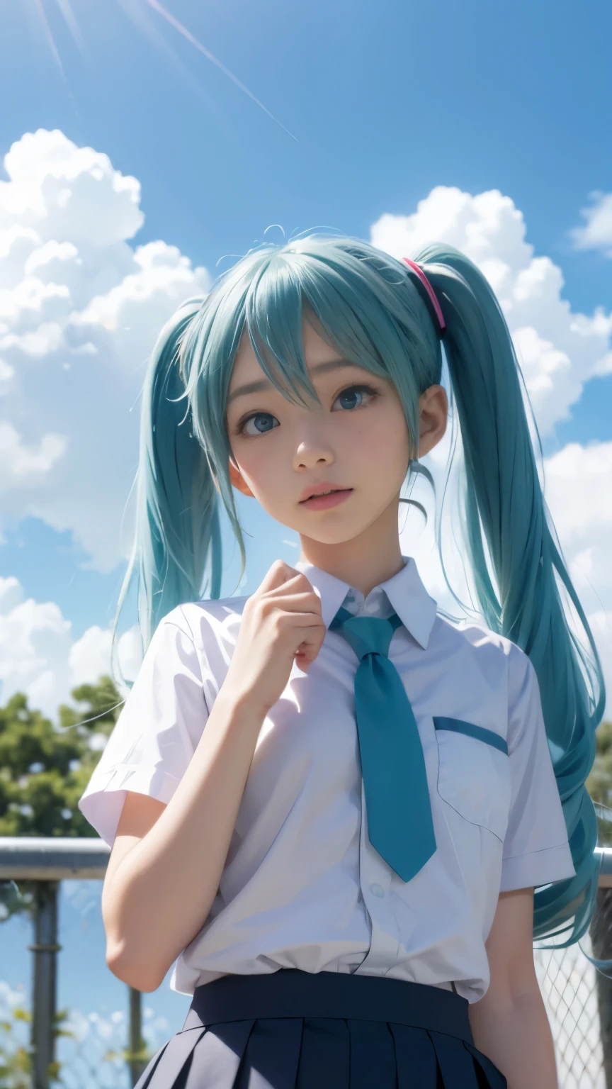 Hatsune Miku、summer sky、cumulonimbus、school uniform