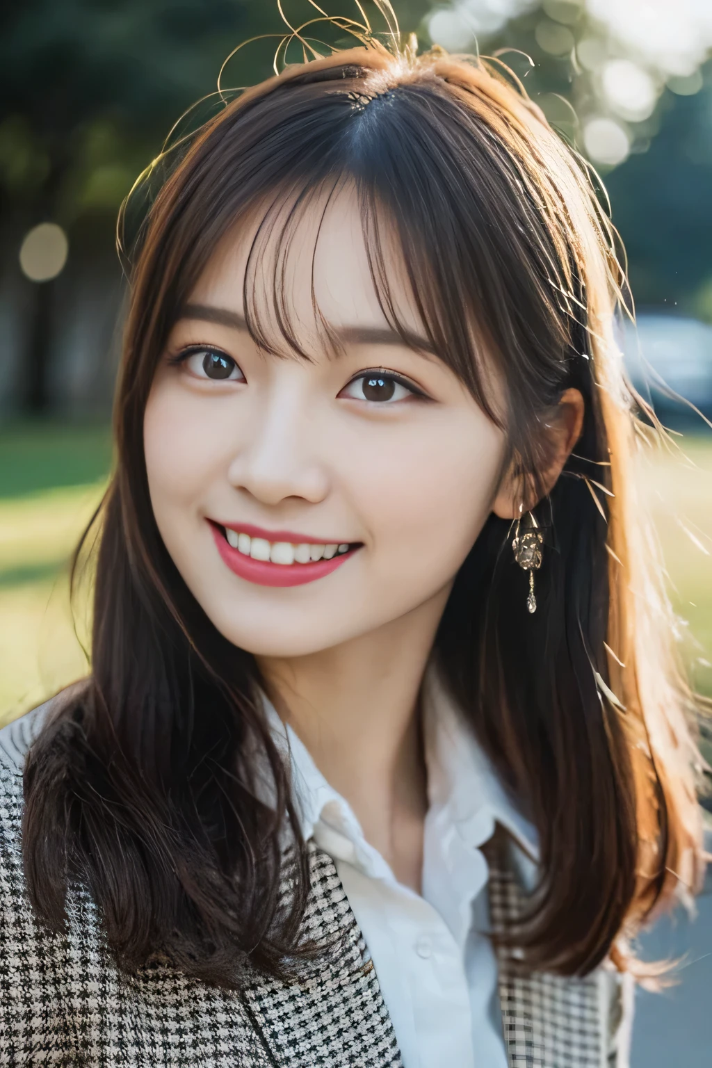((Show only the face、close up of face))、(realistic、Photoreal、Super detailed、best detailed skins、highest quality、masterpiece、ultra high resolution)、cute japanese woman、17 years old、high school girl、young girl、light makeup、1 girl、have bangs、double eyelid、drooling eyes、big black eyes、Japanese style face、smile、Charm、purity、cute smile、double teeth、watch here、realistic肌タイプ、thick muffler、Grey muffler、fluffy hair、Hair is curled、red cheeks、the wind is blowing、Light is coming in from behind
