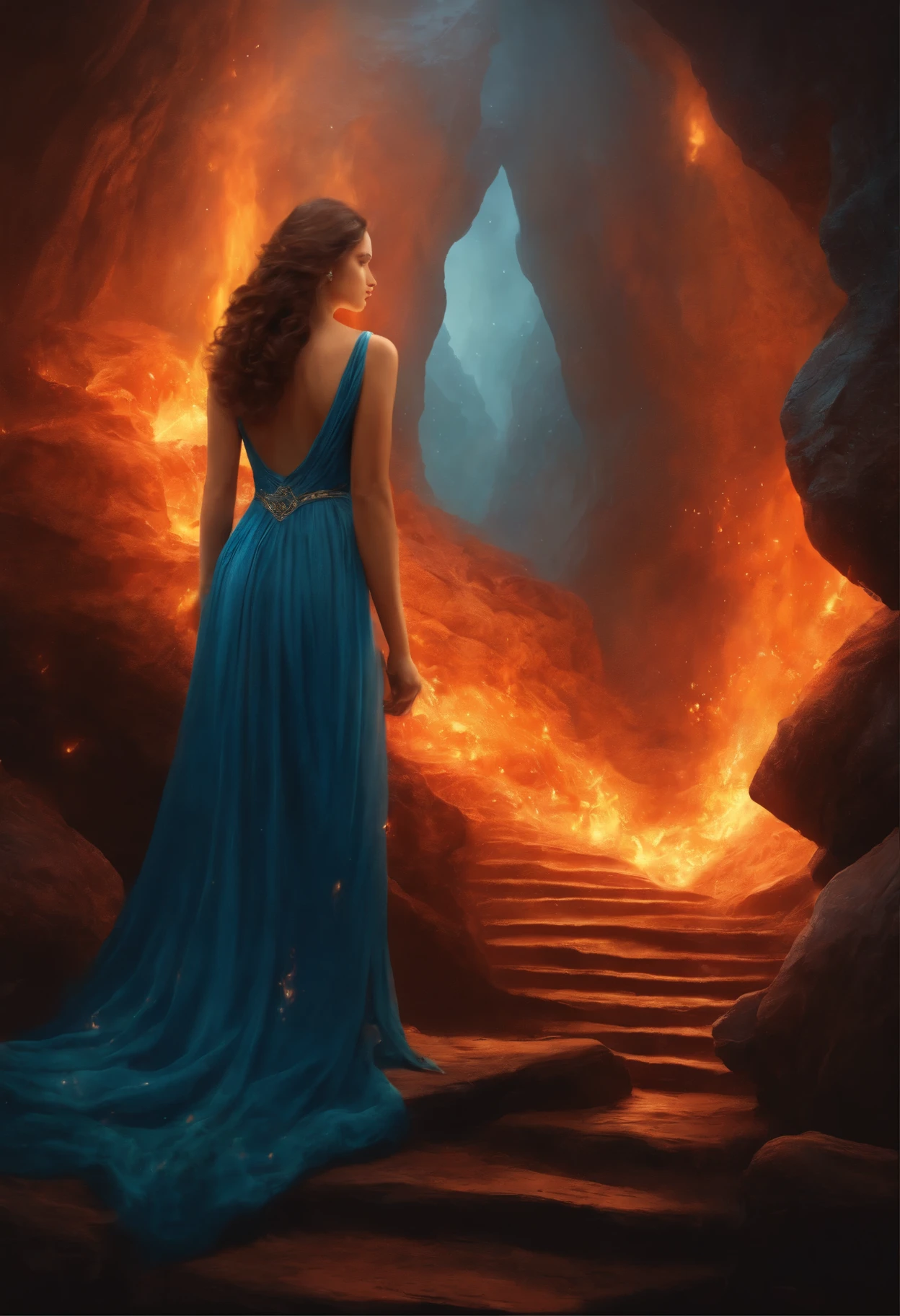 A painting depicting a woman with brown curls in a blue dress, surrounded by fire in a cave, looking at a fiery spirit (fire elemental), face to face with a fiery demon, standing on a ledge of a rock in fire, the Goddess of fire, a wonderful fiery mood, fabulous digital painting, magical colors and atmosphere lost in a dreamy fairy-tale landscape, Magical colors and atmosphere, Fiery light, Gloomy misty fantasy art, Standing in a Mystical forest, Digital Fantasy Painting, Dragon Tranquility, Dreamy Scene, Mystical Scene, Empress of Fire
