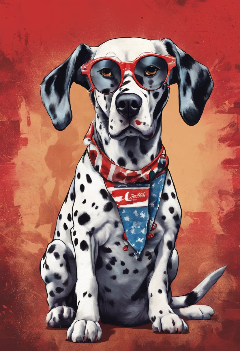 dalmatian dog rocker accessories, he wears a red bandana around his neck, Fashion glasses, famous brand cap
,(( cartazes, planfetos, adesivos, propaganda, capa de revista, dynamic art, fundo em aquarela colorido))