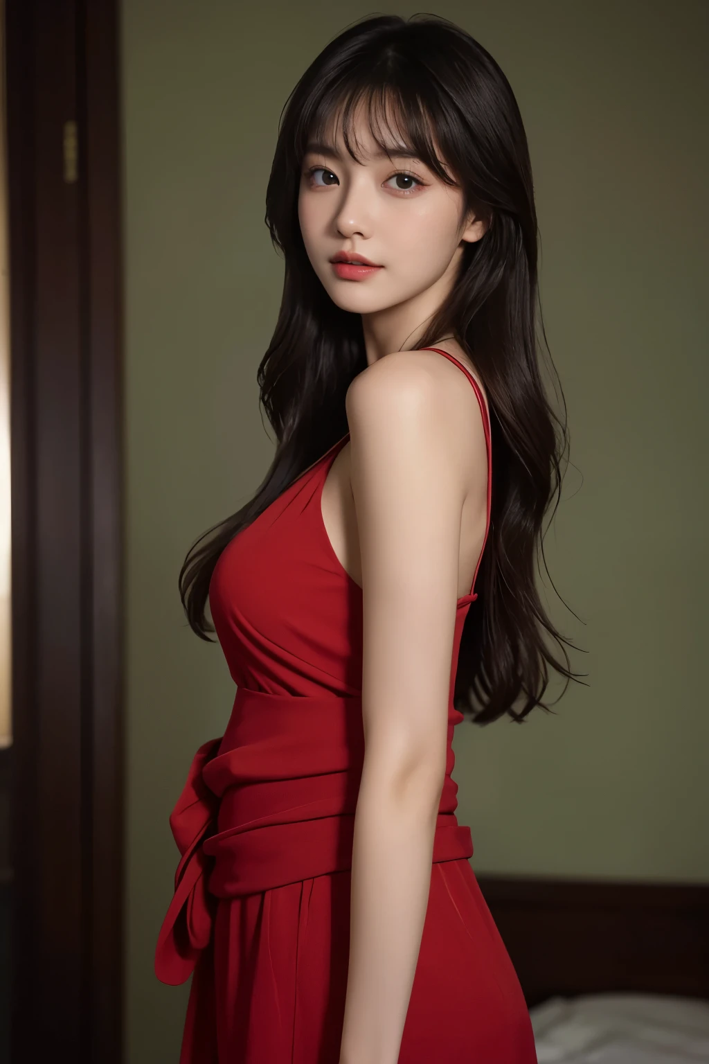 tmasterpiece, Best Picture Quality, high high quality, Sweet woman, chineseidol, Popular Korean makeup, A detailed, Swollen eyes, Detailed eyes, Detailed skins, Beautiful skins, 超A high resolution, (Realistis: 1.4), is very beautiful, Slightly younger face, Beautiful skins, slim, (Ultra photo realsisim), (illustratio), (A high resolution), (8K), (The is very detailed) (Most Best Illustration), (Beautiful detailed eyes), (超詳細), (the wallpaper), (A detailed的脸), looking at viewert, finely detailled, A detailed的脸,pureerosfaceace_v1,ssmile,Staring straight ahead,Staring straight ahead,From the angle of waist up,photograph of-realistic,Bright lights,profesional lighting,brunette color hair(some of hair part green),long whitr hair,Dark ruins,Big Red Moon,Gorgeous red and black dress,Mature woman,Long fashion bangs,