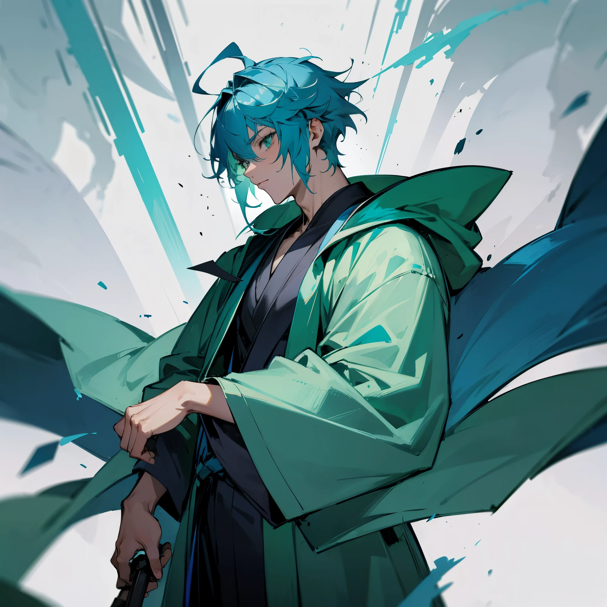 Messy Blue Hair , Green Eyes , Grey Robes, Unique Clothing , 1male , Muscular
