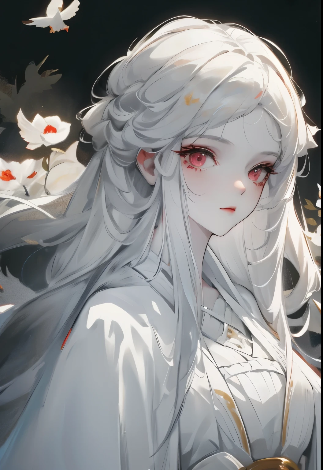 a girl with long white hair, White skin, and red eyes, In a forest of movie lights, Dark and low light. She wore a white dress with gold accents, her eyes focused, looking at the audience. Her skin is fair, Her face is delicate and flawless, masterpiece, highest quality art. This image is an incredibly detailed 8K CG wallpaper, Featuring artistic lighting, harmonious tones and neutral filters.