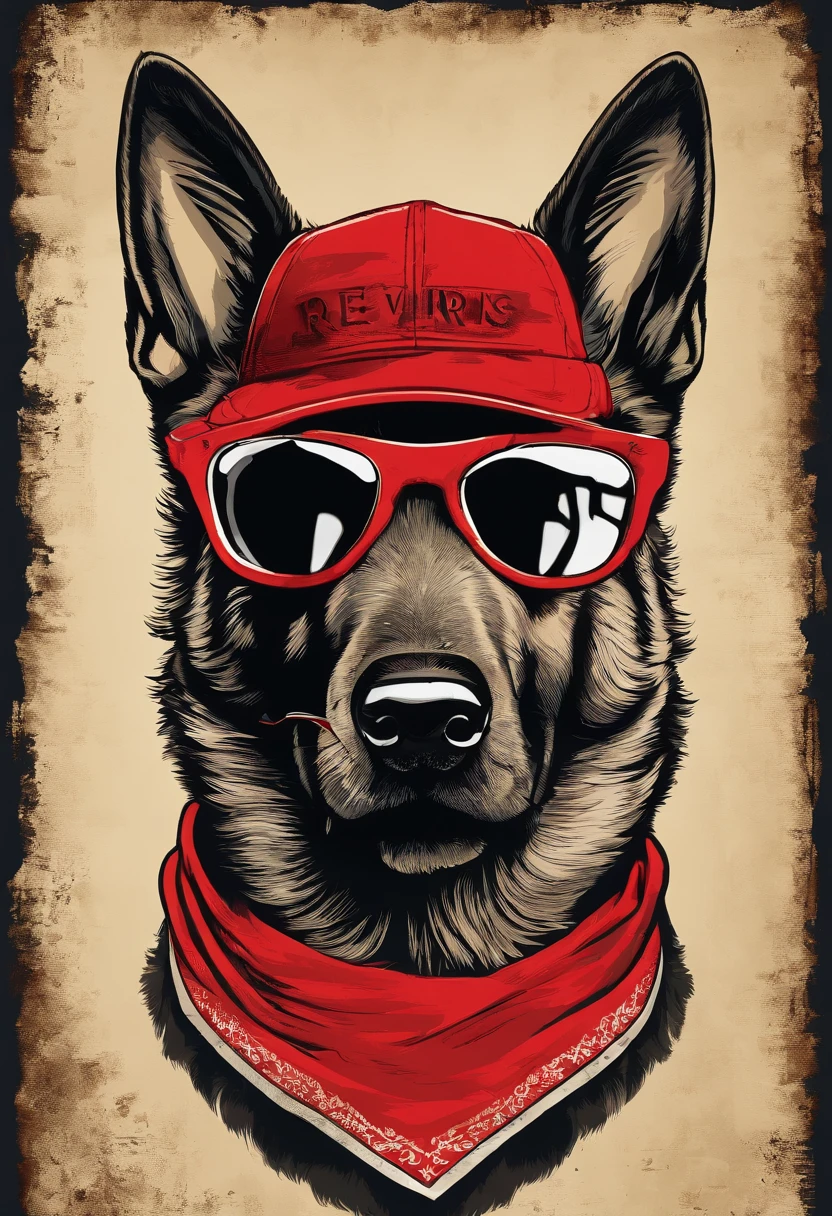  German Shepherd dog,  Using rocker accessories, he wears a red bandana around his neck, Fashion glasses, famous brand cap, (((cartazes, planfetos, adesivos, propaganda, revista.)))