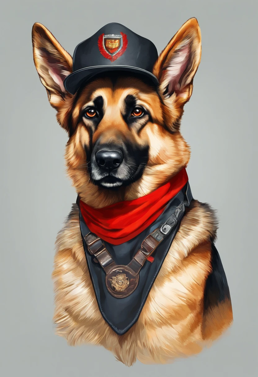 German Shepherd dog, Using rocker accessories, he wears a red bandana around his neck, Fashion glasses, famous brand cap, (((cartazes, planfetos, adesivos, propaganda, revista.)))