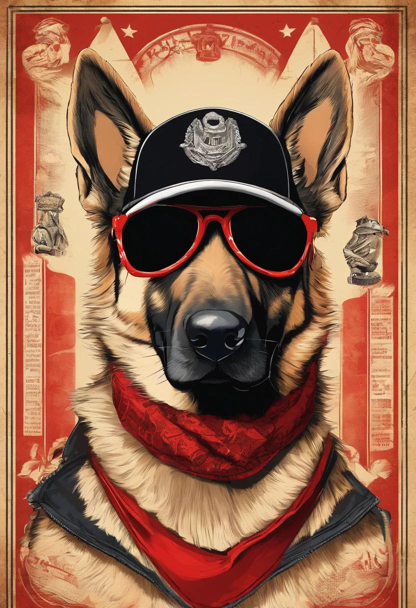 German Shepherd dog, Using rocker accessories, he wears a red bandana around his neck, Fashion glasses, famous brand cap, (((cartazes, planfetos, adesivos, propaganda, revista.)))