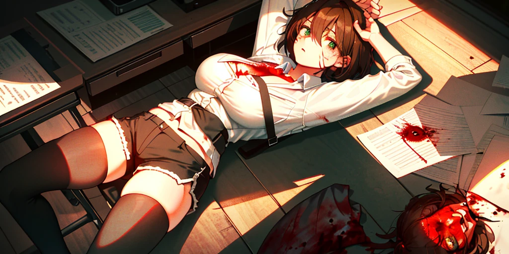 (lying on the ground:1.2), riser, 1 girl, alone, shorts, ((white shirt)), black Thighhighs, huge breasts, cleavage, uniform, office background, 赤いshorts, short shorts, office, (Killed)), ((From above)), (cinematic lighting), dutch angle, ((Sea of Blood)), ((Bloody Body)), (rape face), (((horror))), (hanging arms), (Vomiting blood), Bloody ground, hair between eyes, messy hair, big breasts, short hair, brown hair, red short nails, green eyes, alone, Thighhighs, thick thighs, slender woman, ((masterpiece)), classroom, mechanical, Chair, board, class board, 