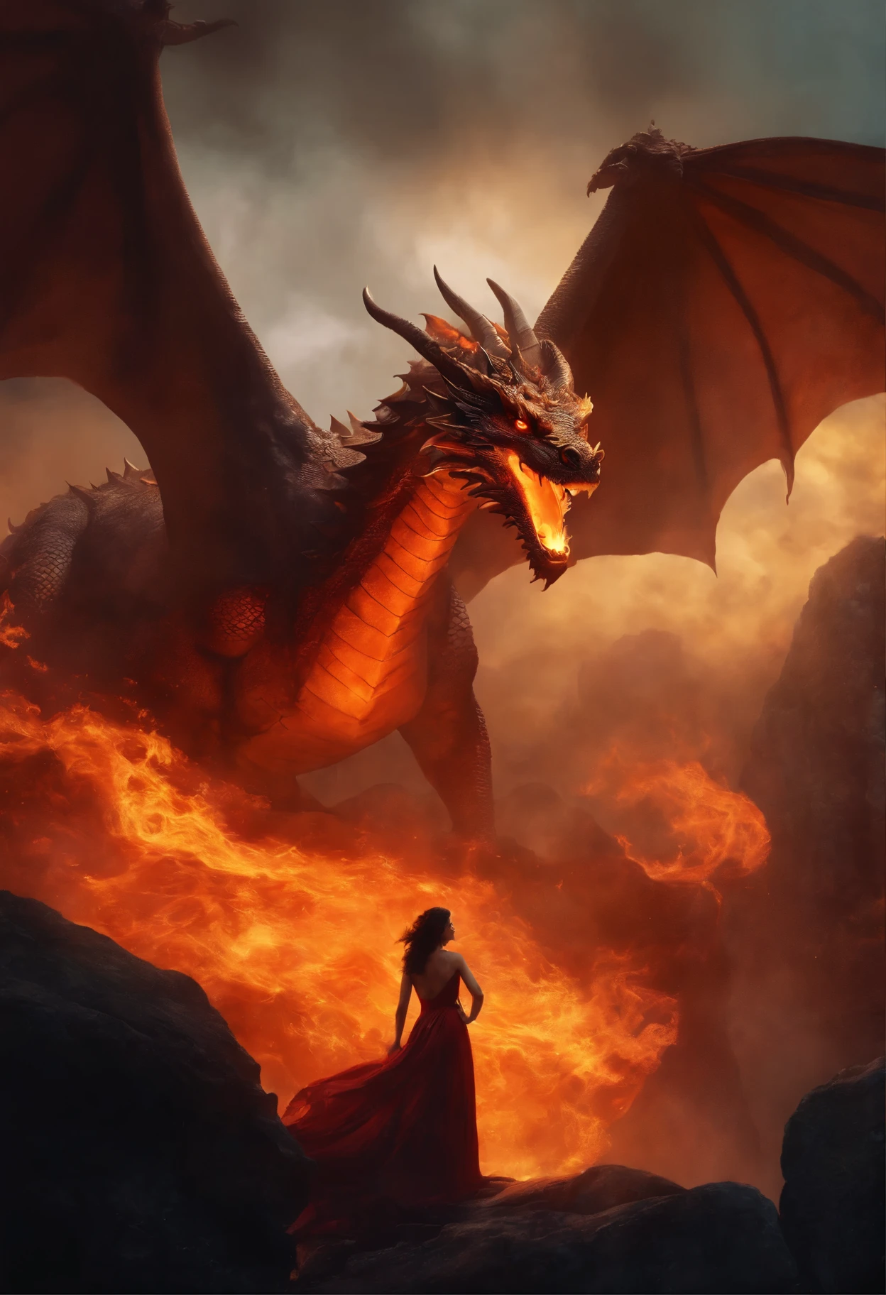 Painting of a woman with brown curls in a fiery dress, standing under a huge dragon on a ledge of a rock in fire, Goddess of fire, wonderful fiery mood, fabulous digital painting, Magical colors and atmosphere lost in a dreamy fairy-tale landscape, Magical colors and atmosphere, Fiery light, moody foggy fantasy art, Standing in a mystical forest, Fantasy digital painting, dragon calm, Dreamy scene, Mystical scene, fire empress