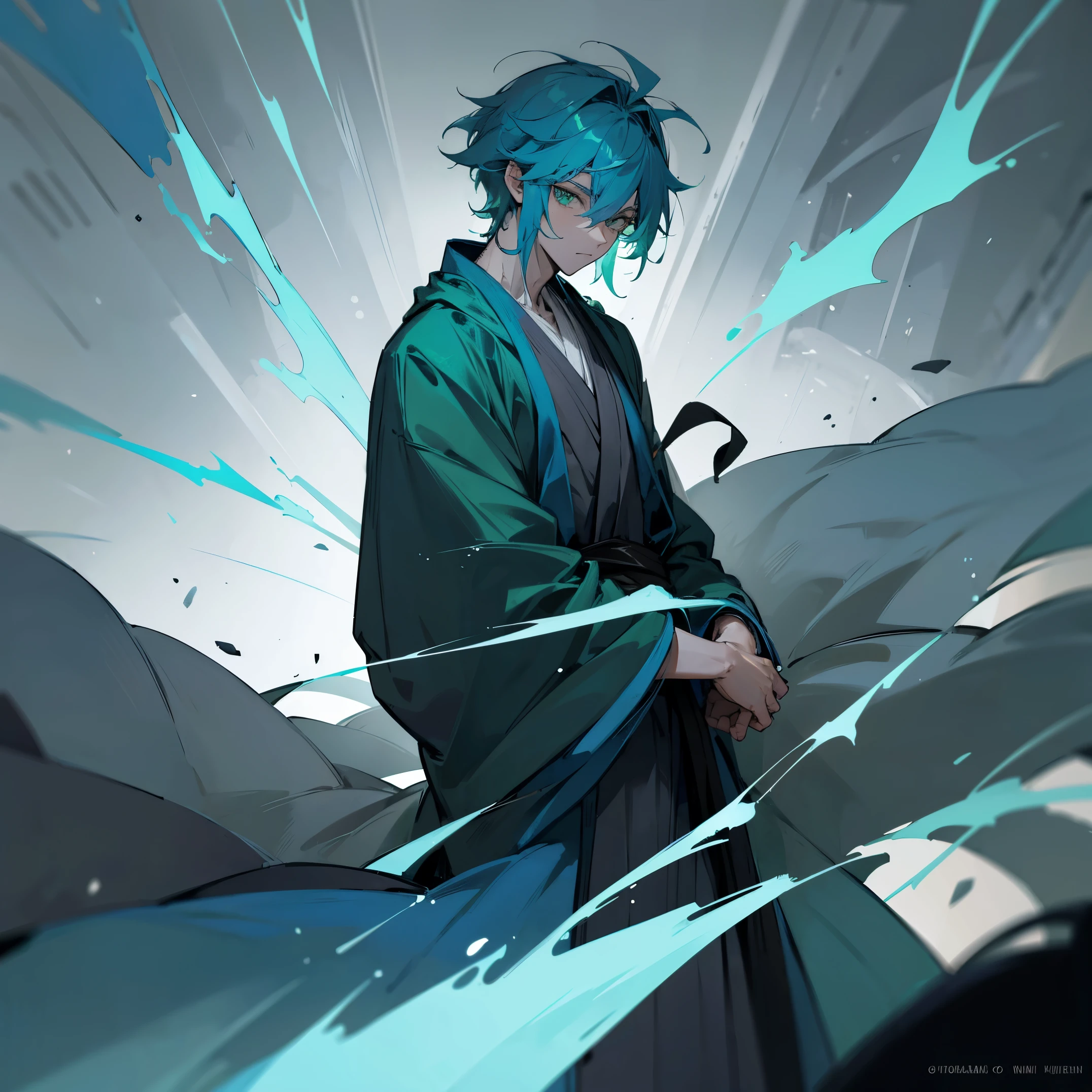 Messy Blue Hair , Green Eyes , Grey Robes, Unique Clothing , 1male , Muscular