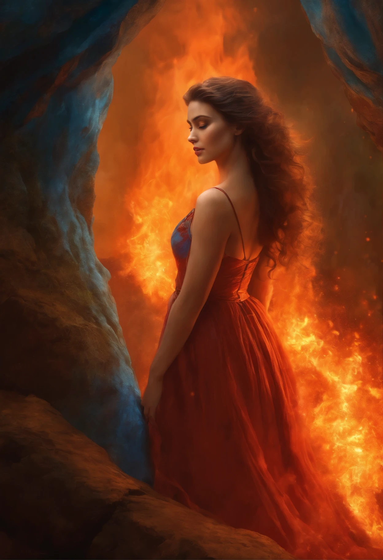 A painting depicting a woman with brown curls in a blue dress, surrounded by fire in a cave, looking at a fiery spirit (fire elemental), face to face with a fiery demon, standing on a ledge of a rock in fire, the Goddess of fire, a wonderful fiery mood, fabulous digital painting, magical colors and atmosphere lost in a dreamy fairy-tale landscape, Magical colors and atmosphere, Fiery light, Gloomy misty fantasy art, Standing in a Mystical forest, Digital Fantasy Painting, Dragon Tranquility, Dreamy Scene, Mystical Scene, Empress of Fire