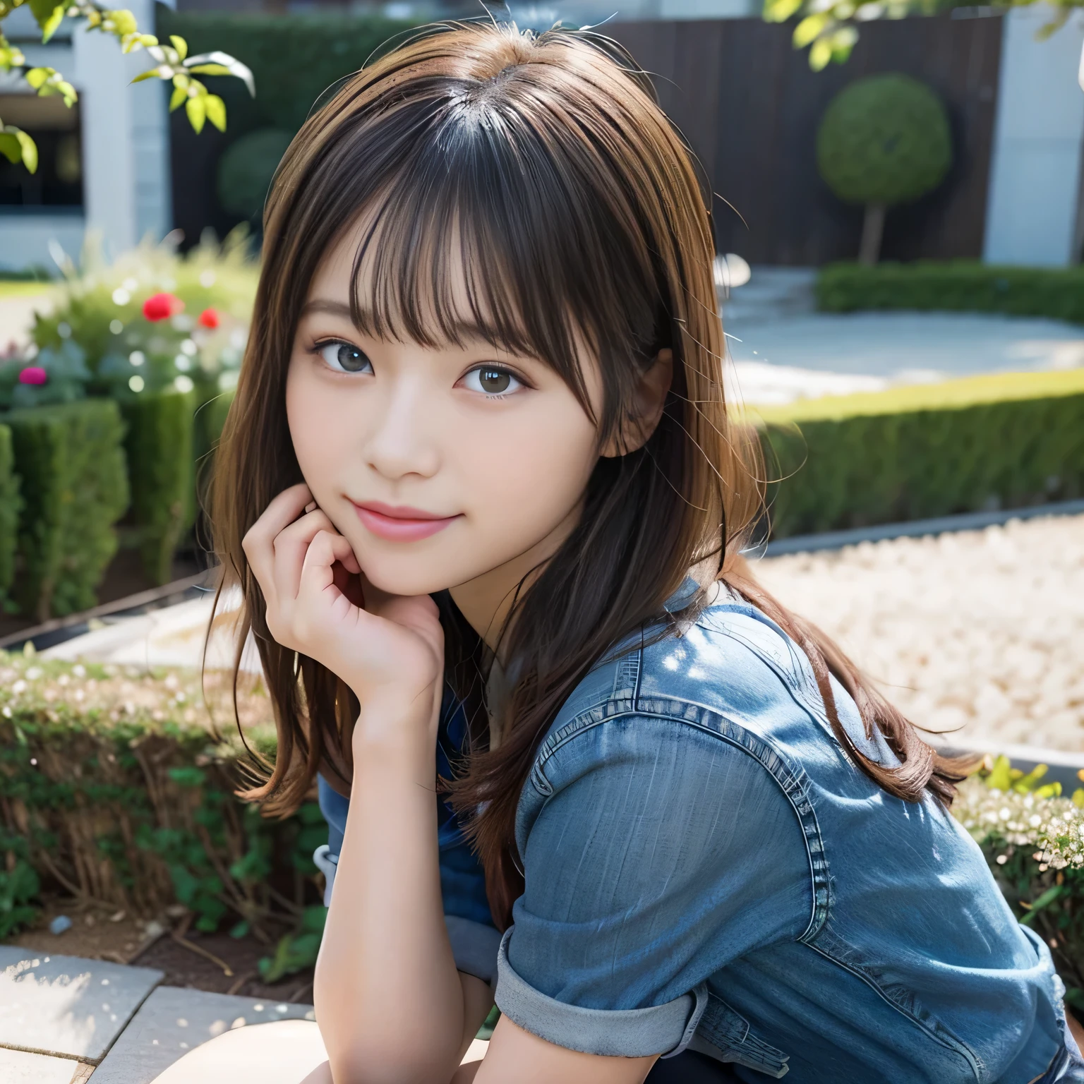 In 8K,highest quality:1.4, ultra high resolution:1.5, (realistic:1.4),masterpiece:1.2,(highest quality:1.4)、 RAW photo、 (from the knees up:1.6, From the side:0.7), (background is blurry), garden,full body shot:1.4、 1 Japanese girl, cute, (alone), (shy smile), smooth skin、Tshirt、denim shorts、 (brown medium hair,bangs), (touch hair:1.4)、Nogizaka、cute、supple fingertips,beautiful black eyes、natural skin texture:1.3, Realistic eye and face details:1.7、medium breasts、sculpture installation:1.1、tight ass、look at the audience、The camera is3Move m backward:1.3、full body shot