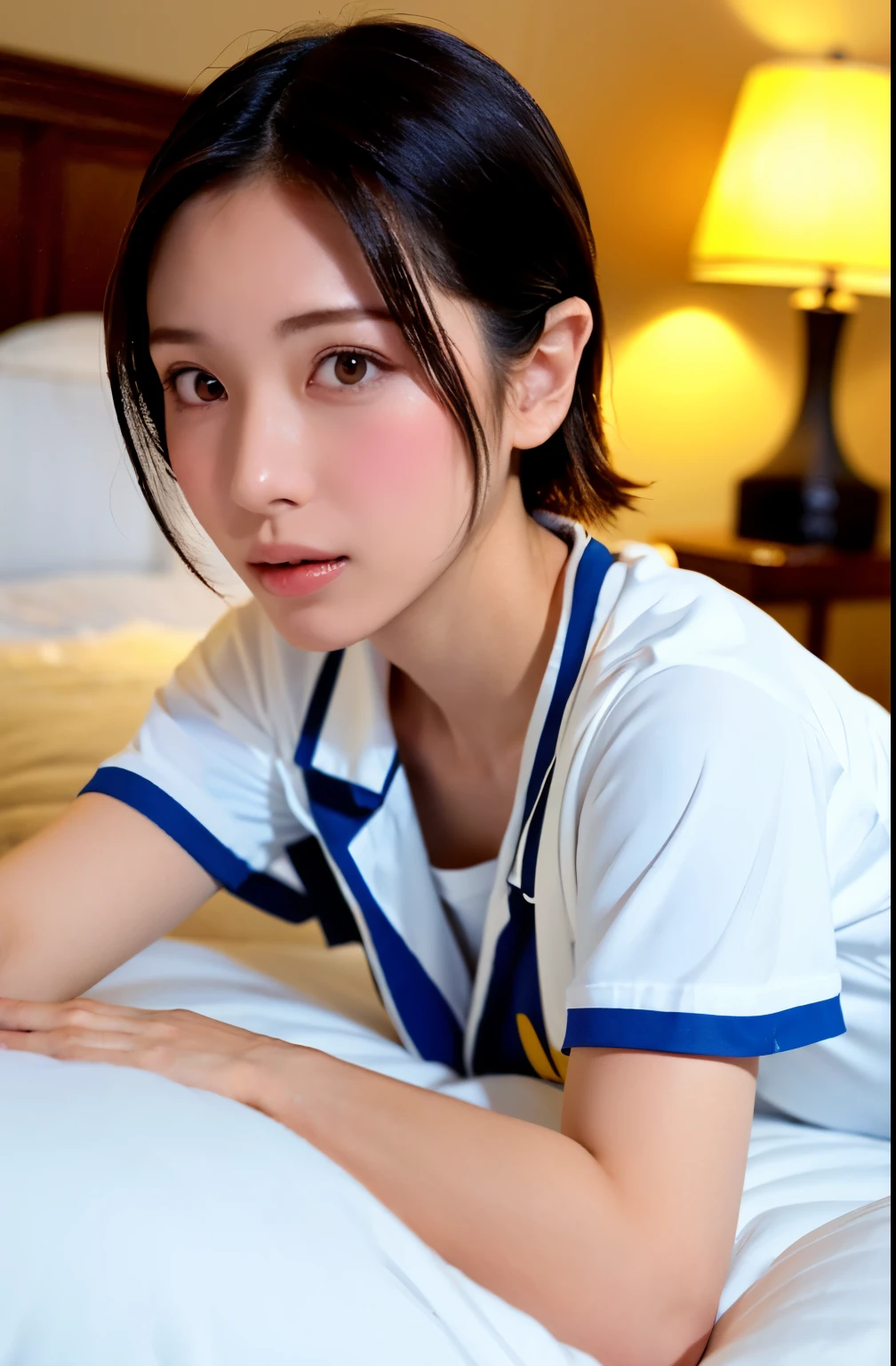 (highest quality, 4K, masterpiece: 1.3), beauty, 1 girl, (chest, attractive body: 1.2), short and medium hair, Full body soaked, super detail face, detail lip, eye for detail, double eyelid, volleyball uniform, japanese model, Split Shot, Bedroom, lying in bed, こぼれたミルクでchestの谷間, White liquid on the face