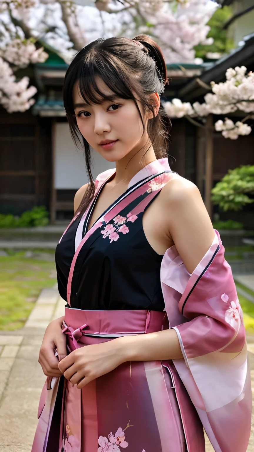 最high quality、high quality、best image quality、8K、最High resolution、High resolution、最high quality、masterpiece、realistic pictures、RAW photo、realistic atmosphere、(detailed face)、(fine hands、thumb１reference４)、(beauty of japan )、very nice face、cute face、((beautiful japanese girl))、(woman), ((18 year old beautiful girl))、(glossy black hair)、(straight long hair)、(ponytail)、whole body、slim style、(shiny skin)、(Fair skin, Glossy skin)、real human skin、realistic human body structure、perfect body， perfect face， perfect hands， perfect fingers， perfect lips， perfect eyes，perfect teeth、perfect background， perfect atmosphere，soft natural light、samurai kimono、maiko kimono、servant、geisha kimono、japanese kimono、Furisode、kimono、Yukata、The shape of the nipple is clearly visible、The shape of the genitals is clearly visible、japanese traditional、Samurai Residence、Japanese garden、((colorful transparent vinyl(クロストップkimono、cross top hakama))、((Under the cherry blossom tree in full bloom(Poses that make your thighs look sexy))