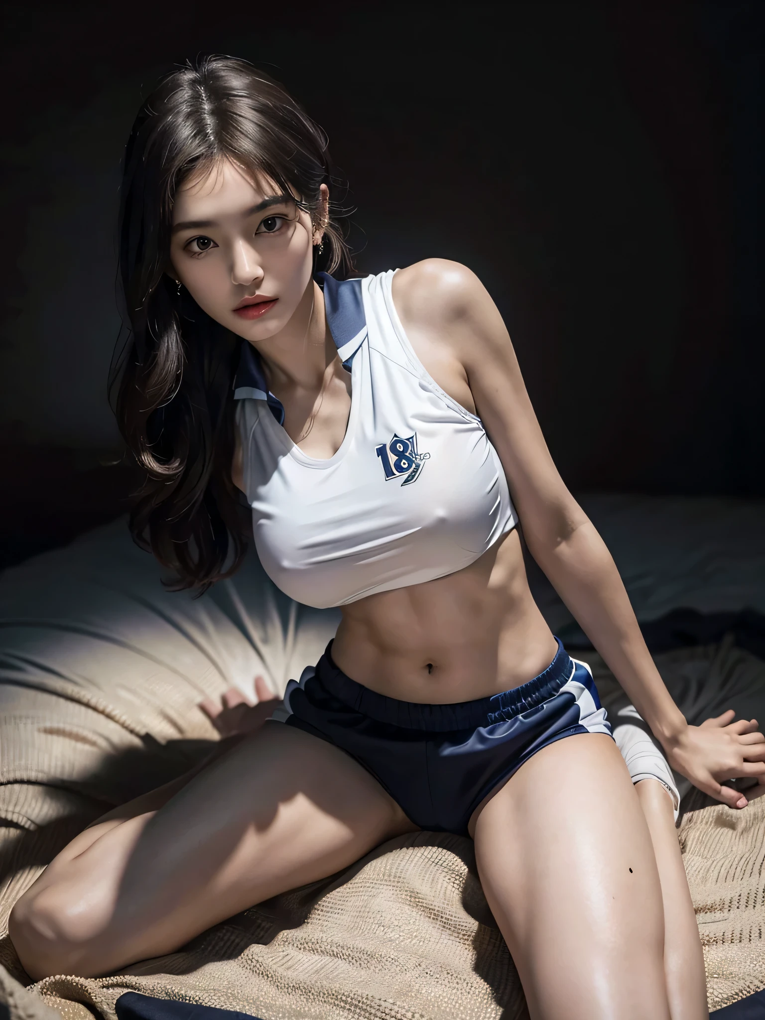 disorganized, RAW photo, very delicate and beautiful, masterpiece, highest quality, ultra high resolution, 16k, surreal, super detailed, perfect anatomy, super dense skin, perfect figure, Highly detailed CG 8k wallpaper, 20's, very slim body, (tight waist:1.1), very small head, very small face, delicate features, tearful mole, mole on chest, earrings, thin legs, (very huge round breasts:1.2), (full body shot:1.2), short middle hair, wavy hair, (volleyball uniform:1.2), No sleeve, (barefoot:1.1), abdomen,