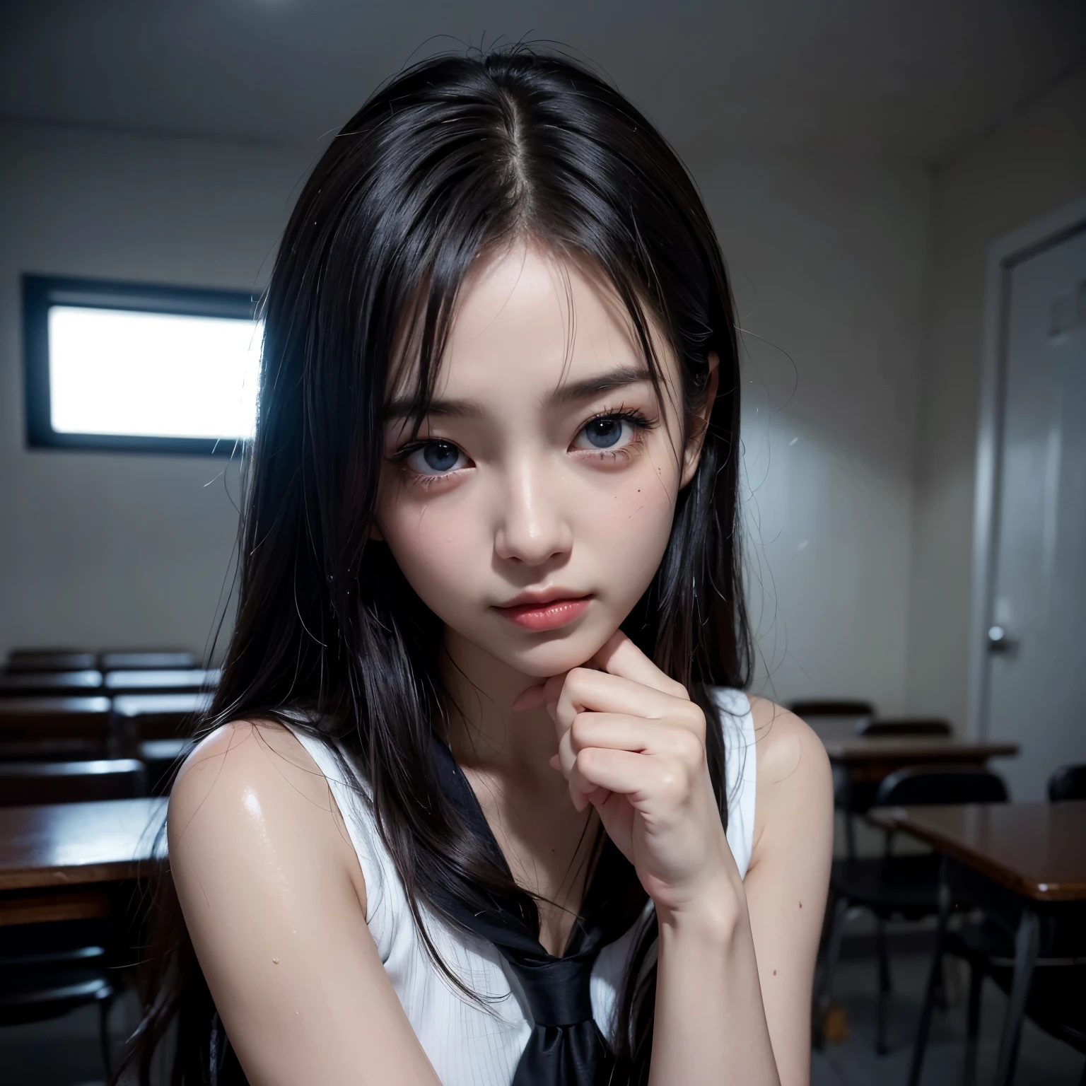 (((32k,high details,high detail、masterpiece,attention to detail,Full body Esbian,solo))),RAW photo & realistic atmosphere,beautiful dark blue eyes,detailed mouth,glossy lips,fine eyebrows,Detailedly drawn eyes、Soft white skin that shines in every detail、deep blue eyes,very beautiful eyes,detailed lips、very beautiful face,very well-shaped face、lifelike face,glossy beautiful lips, Realistic young gravure idol, very beautiful high school girl, , Young sensual gravure idol, young gravure idol, Beautiful and cute adult-like16 year old high school girl,the whole body is wet,dripped down,face is flushed,very beautiful, sexy and classy16 year old girl,medium-long brown shiny hair,hair is wet,dripping水,dripping,(look at the camera:1.4),(darkness,very dark,Use a flashlight to illuminate your subject in a pitch-black classroom with no lights:1.7),(Sexy,healthy and toned body,High Detail High Definition High Definition Japan HDTV Black HDTV High Definition Black High Definition Black High Definition High Definition Black High Definition High Definition Uniform,medium breasts with good shape,,,mature body, I feel anxious and want to cry,Moist eyes,cold smile,It was glaring,It was glaring顔も綺麗です,high resolution arm,,high resolution fingers,:1.5),(The chest of the uniform is open,Wearing black and red classy schoolgirl uniform、黒いパンストとSexy脚を着て直立して座り、lift your skirt shyly:1.7)