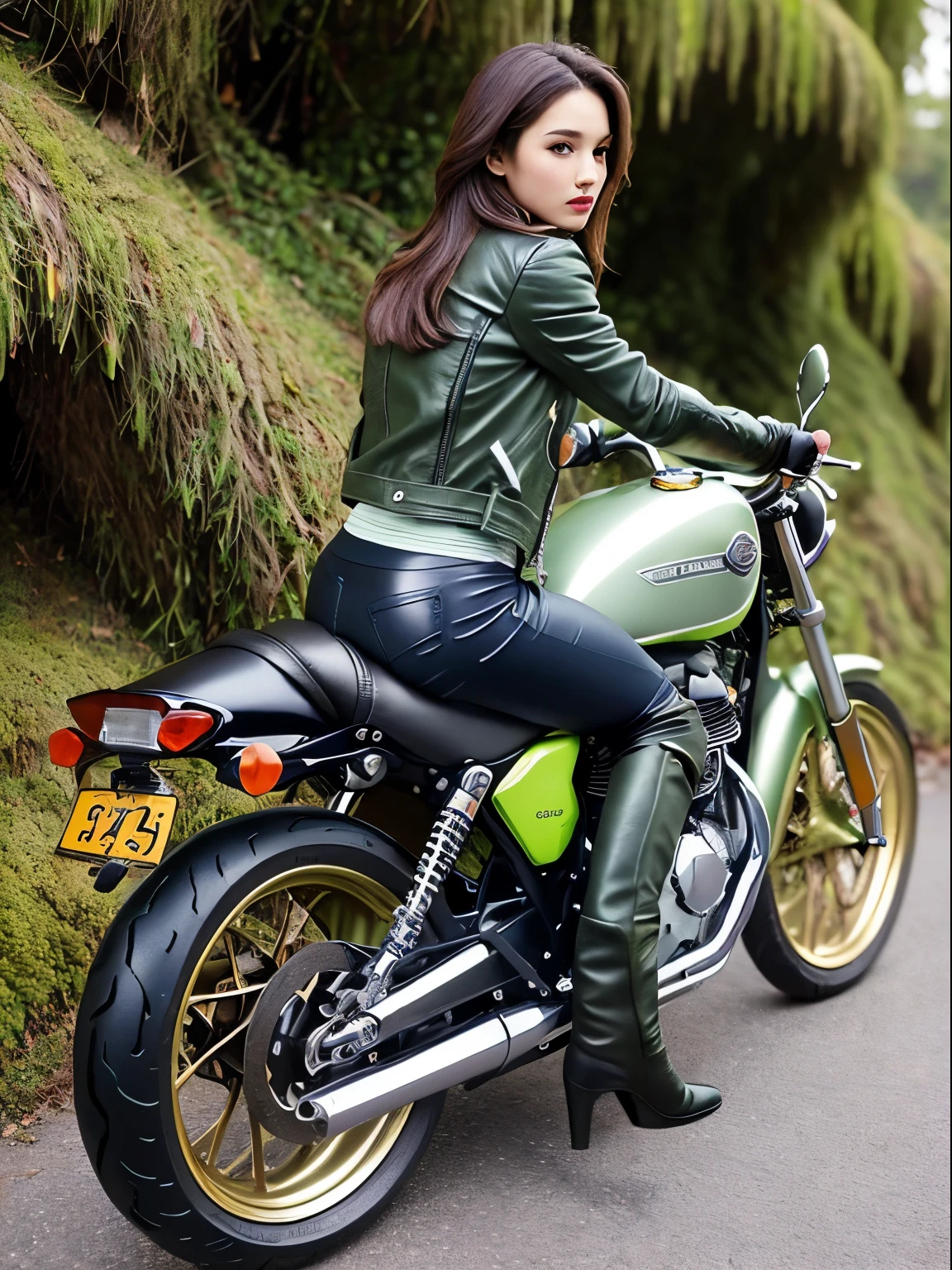((best quality)), ((masterpiece)), ((perfect face))、Detailed and clear photos、One slim rider woman、(((Moss green leather jacket, leather pants, and long boots)))、(((Riding a motorcycle with detailed metallic colors)))、beautiful feet、(Japanese top models)