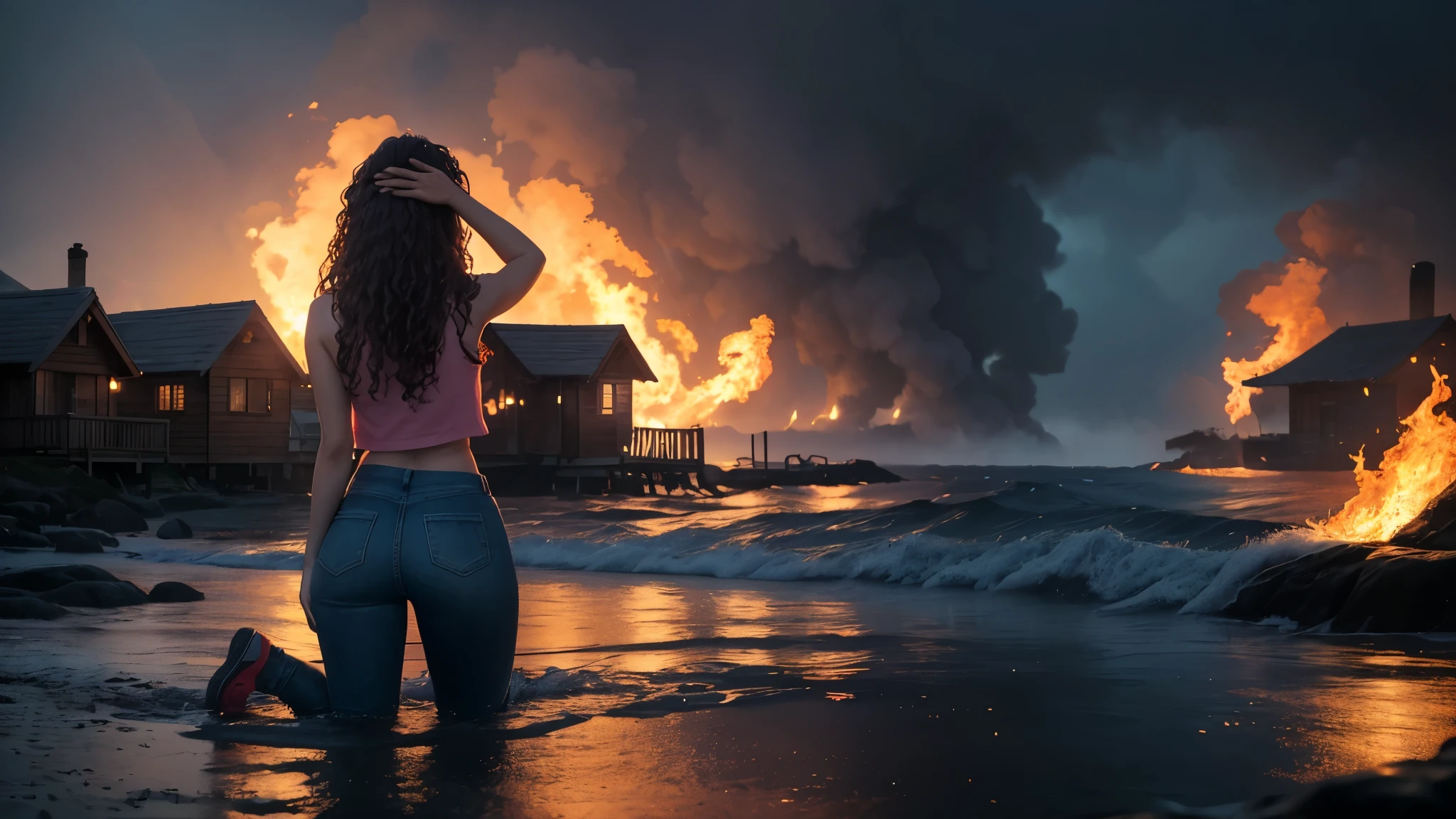 The back of an Ultra-cute Charlie a 17-year-old girl with long brown frizzy hair, water elemental her body is covered in water and fire, both making a fog around the cottages (full body), ((She is kneeling down in the water)), She is wearing a pink top and jeans pants her outfit is covered in flames surrounded by flames, hands on head in shock, wide angled shot, full body to the feets, sharp focus, maximum quality, 4k, volumetric lights, very detailed, visually rich, best quality, cottage background.