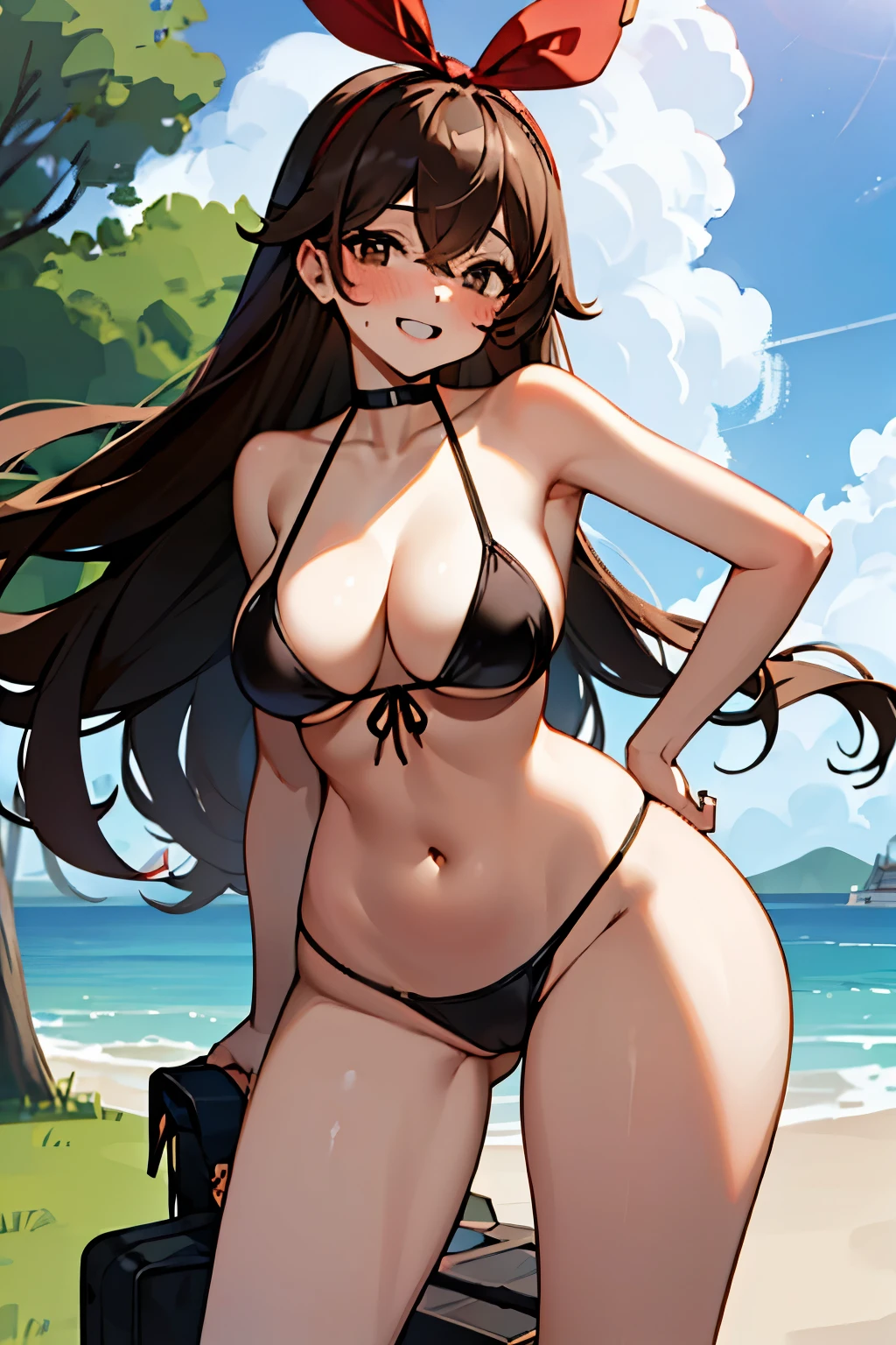 long_hair, brown_hair, bangs, ribbon, hair_ribbon, hair_between_eyes, red_ribbon, breasts, smile, brown_eyes, blush, cleavage, goggles, open_mouth, medium_breasts cuerpo perfecto, curvas perfectas, transpiración, sudoroso, pestañas largas, cuerpo femenino, pose sexy, estilo anime, Anime, bikini negro, black bikini, cuerpo completo, piernas,