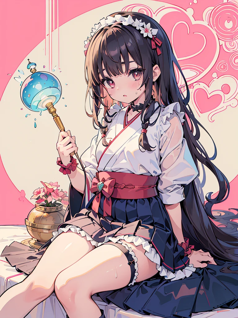 photo realistic, (masterpiece,best quality:1.4),(8k,raw photo,photo realistic:1.2), detailed skin, detailed face, ((1girl)),Japanese idol, cute face, little girl, Not Safe for Work, (raw photo, photo realistic: 1.2), ALL Nudi-ty, nudi, (((NO panties))),nipp-les, ((twat)), anus, went, (((hair of pubis, Not safe for work))), pubisure, (RED frilled japanese clothes), ((RED frilled hakama short skirt)), frilled, White frilled legwear, ankle boots, frilled choker, amulet, wrist cuffs, sash, frilled reg garter, cape, (((Holding a cute magic wand))), heart ring, ((long hair)), light brown hair, braid, brown eyes, straight hair, little girl, 12years old, petite, cute, happy, medium breasts, small nipp-les, (((sitting spread legs))), kanzashi, (hairband), (((fake phallus fuck,Not for safe work))), heart shaped pupils, medium bob,((puss juice, Sweat, Sweatdrop)), (((spread puss,Not Safe for Work))), (((ure-thra))), ((uterus)), ((clitoris)), urinates, anus, yumekawa,yumekawaii, pastel color, rainbow, imagination, ,heart background, beam of light, glittering ball of light,
