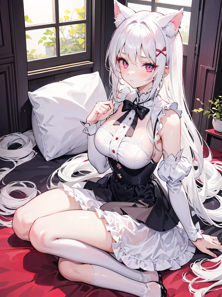 big breasts,Wearing maid outfit,blush, surprise,look at me,red pupils,Lace tights,beautiful hair、 beautiful eyes、 beautiful skin、beautiful legs、beautiful arms、perfect fingers、 very cute,white hair, long hair,white cat ears, white cat tail,best quality,high resolution,top quality、 looking at the audience,sitting,kneeling&Place on the bed,Knees together,internal figure eight,Beautiful girl alone,Pink bow,slender eyebrows,hair slightly moist,On a very large white bed, white pillows,perfect waist,Skirt has cutouts at the end,Pouting,The clothes are a little wet,little girl,very young,18 years old,shy smile,Long messy white hair tied up