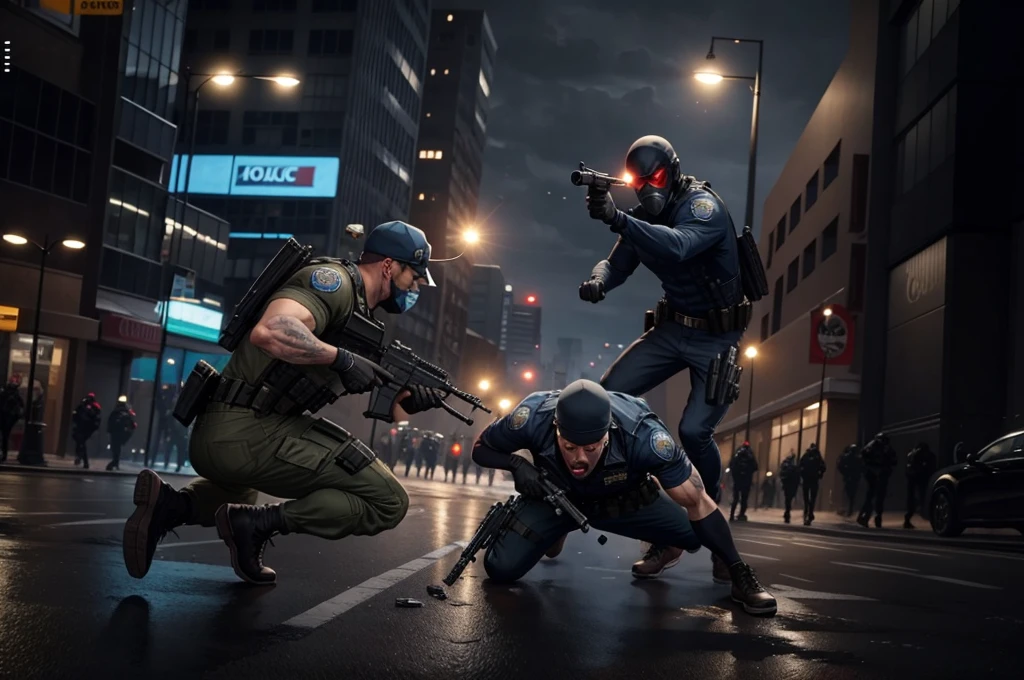 there are several people in the street with police cars behind them, action scene screenshot, 2020 video game screenshot, cinematic mid shot fight, squad fighting enemy, many npcs on the streets, dramatic action shot, cinematic action shot, payday 2, gameplay still, gunfire, ps5 cinematic screen capture, video game screenshot, furious action scene