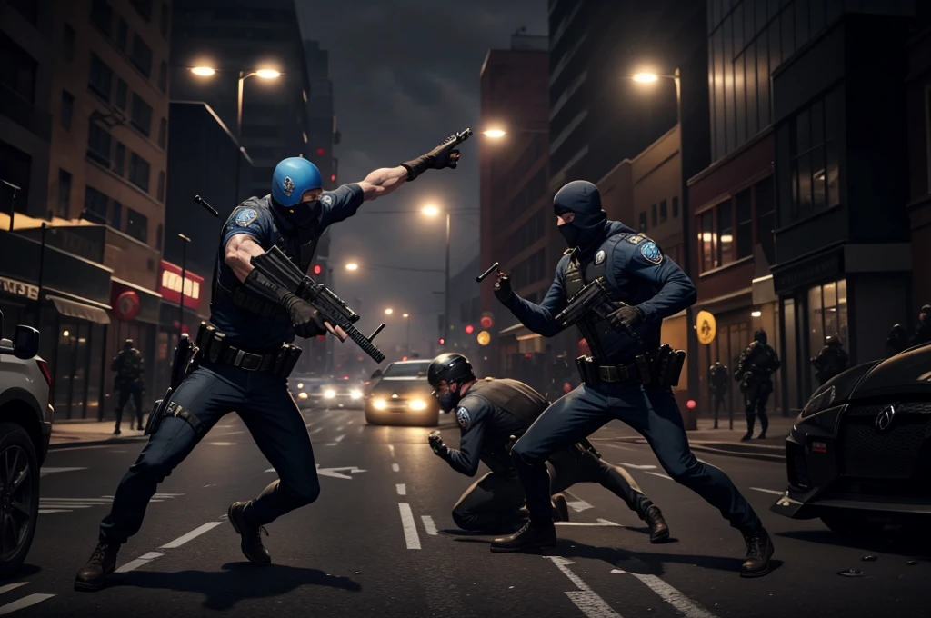 there are several people in the street with police cars behind them, action scene screenshot, 2020 video game screenshot, cinematic mid shot fight, squad fighting enemy, many npcs on the streets, dramatic action shot, cinematic action shot, payday 2, gameplay still, gunfire, ps5 cinematic screen capture, video game screenshot, furious action scene