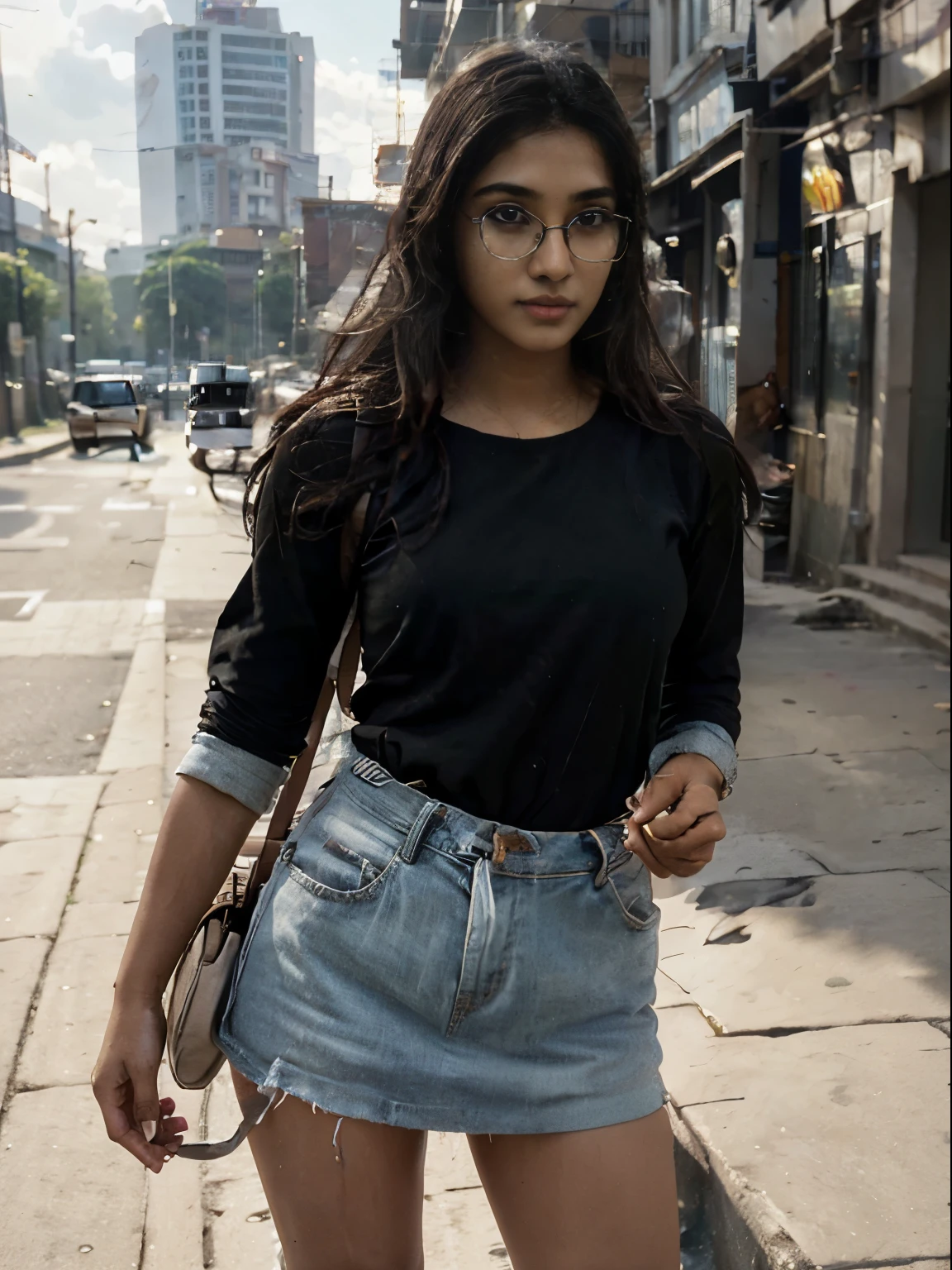 young Indian girl, 18-year-old, gentle sun lighting on face, standing outside indian gate mumbai, wearing glases, wearing coporate clothes, carrying a sleek laptop bag, intricate facial details, full body picture, cinimatic pose flawless complexion, top-notch 3D rendering, hyper-realistic, photorealistic digital art trending on Artstation 8k HD high definition detailed realistic, detailed, skin texture, hyper detailed, realistic skin texture, armature, best quality, ultra high res, (photorealistic:1.4),, high resolution, detailed, raw photo, 400 camera f1.6 lens rich colors hyper realistic lifelike texture dramatic lighting unrealengine trending on artstation cinestill 800