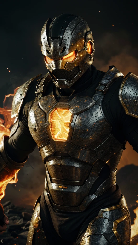 (best quality,4k,8k,highres,masterpiece:1.2),ultra-detailed,realistic:1.37,a man with white technological mask, intensely glowing yellow eyes, technological armor with lava scales on the chest, clenched fists emitting smoke