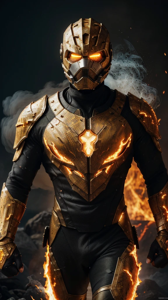 (best quality,4k,8k,highres,masterpiece:1.2),ultra-detailed,realistic:1.37,a man with white technological mask, intensely glowing yellow eyes, technological armor with lava scales on the chest, clenched fists emitting smoke