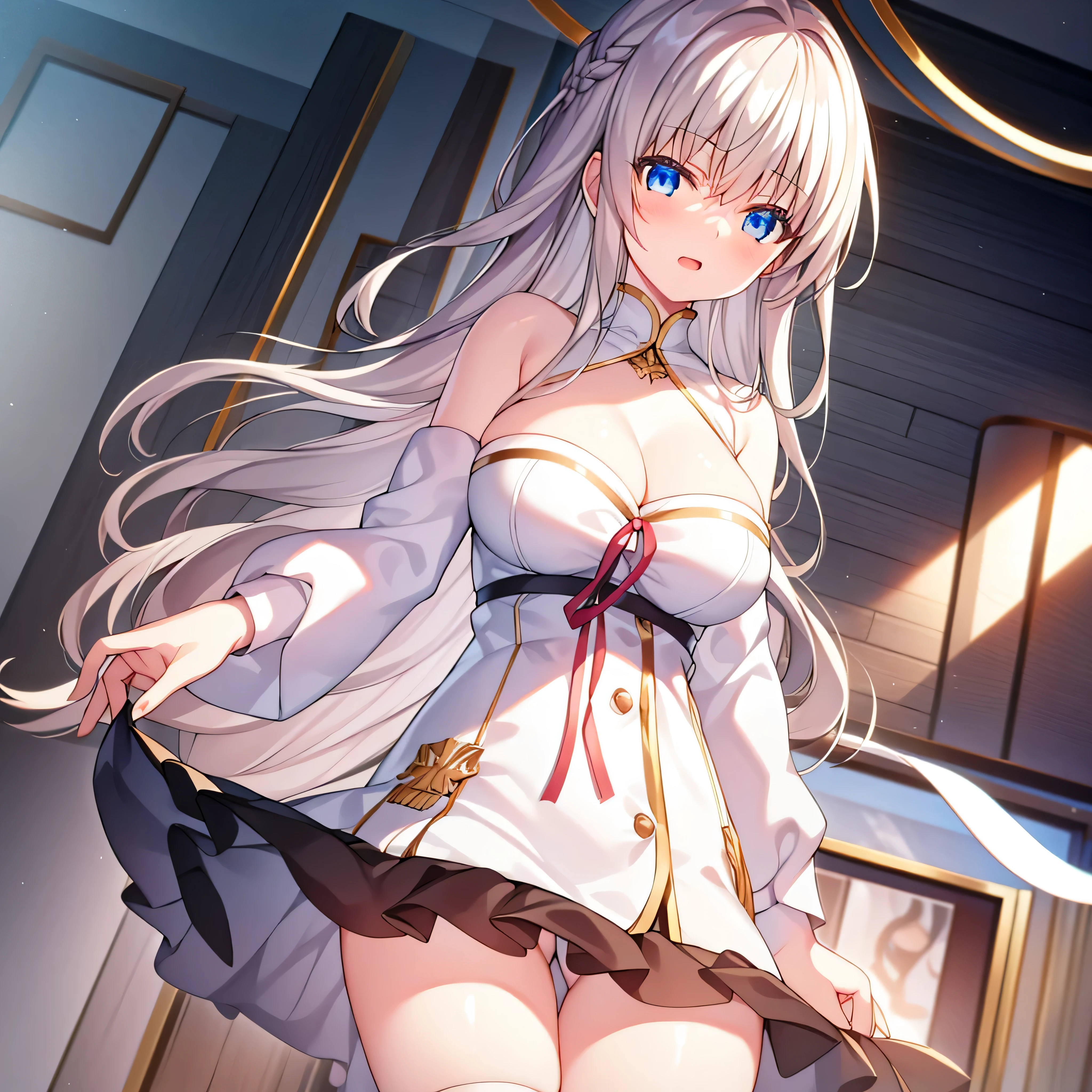 detailed， dense， masterpiece， a girl， Beautiful big breasts， Wearing a white cardigan， permanent，Stand by the bed，There were blankets，  white hair， ， Light滑的皮肤， 发Light的皮肤， 发Light的头发， clear eyes， 发Light的眼睛，blue eyes， pale pink lips， （The audience looks down： 0. 8） Smile， cheeks dyed red， very shy， open mouth， through bangs， white sleeves， white coat， a girl， soft skin，Great understanding， 发Light的皮肤， Light， 丰富的Light， room Lighting， Simple gold necklace， Diamond necklace， white lace文胸， white lace， white lace内衣， high angle， low angle， （masterpiece： 1.0）， （actual： 1.6）， （soft focus： 1.5），black stockings，