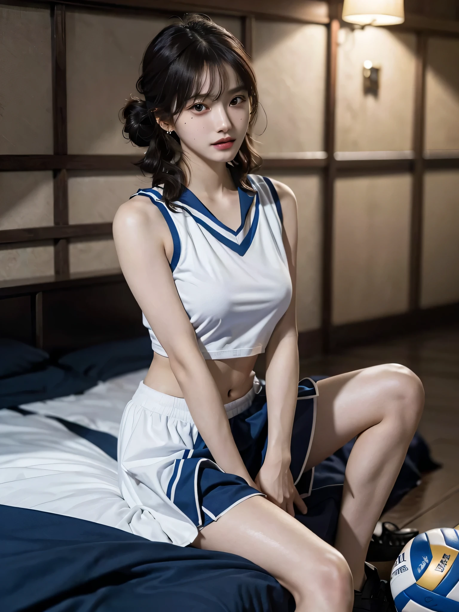(highest quality, 8K, masterpiece: 1.3), かわいい日本人の女の子を強調する細いabdomen: 1.3, (random hairstyle, Standard Chest: 1.2), uniform: 1.2, one girl, かわいい日本人の女の子を強調する細いabdomen No: 1.4, (random hairstyle, Standard Chest: 1.2), uniform: 1.2, beach, super detailed face, complicated eyes, double eyelid, disorganized, RAW photo, very delicate and beautiful, masterpiece, highest quality, ultra high resolution, 16k, surreal, super detailed, perfect anatomy, super dense skin, perfect figure, Highly detailed CG 8k wallpaper, 20&#39;s, very slim body, (tight waist:1.1), very small head, very small face, delicate features, tearful mole, mole on chest, earrings, thin legs, (very huge round breasts:1.3), (full body shot:1.2), short middle hair, wavy hair, (volleyball uniform:1.2), No sleeve, (barefoot:1.1), abdomen,