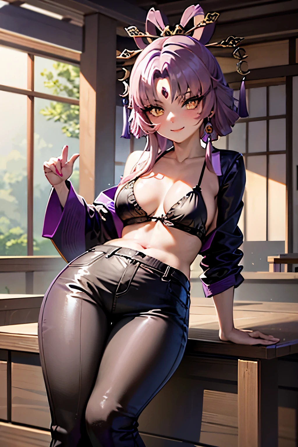 best quality, masterpiece, (leaning over:1.4), 1girl, yuzuriha_(jigokuraku), purple hair, brown eyes, ninja, open clothes, cleavage, small breasts, topknot, medium hair, breasts apart, seductive smile, pants, undressing, (blush:1.1), japanese exterior, temple,