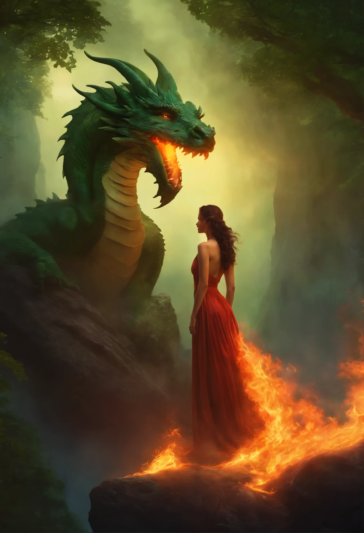 Painting of a woman with brown curls in a fiery dress standing under a huge green dragon on a ledge of a rock in fire, Goddess of fire, wonderful fiery mood, fabulous digital painting, Magical colors and atmosphere lost in a dreamy fairy-tale landscape, Magical colors and atmosphere, Fiery light, moody foggy fantasy art, Standing in a mystical forest, Fantasy Digital Painting, Dragon Tranquility, Dreamy Scene, Mystical Scene, Fire Empress