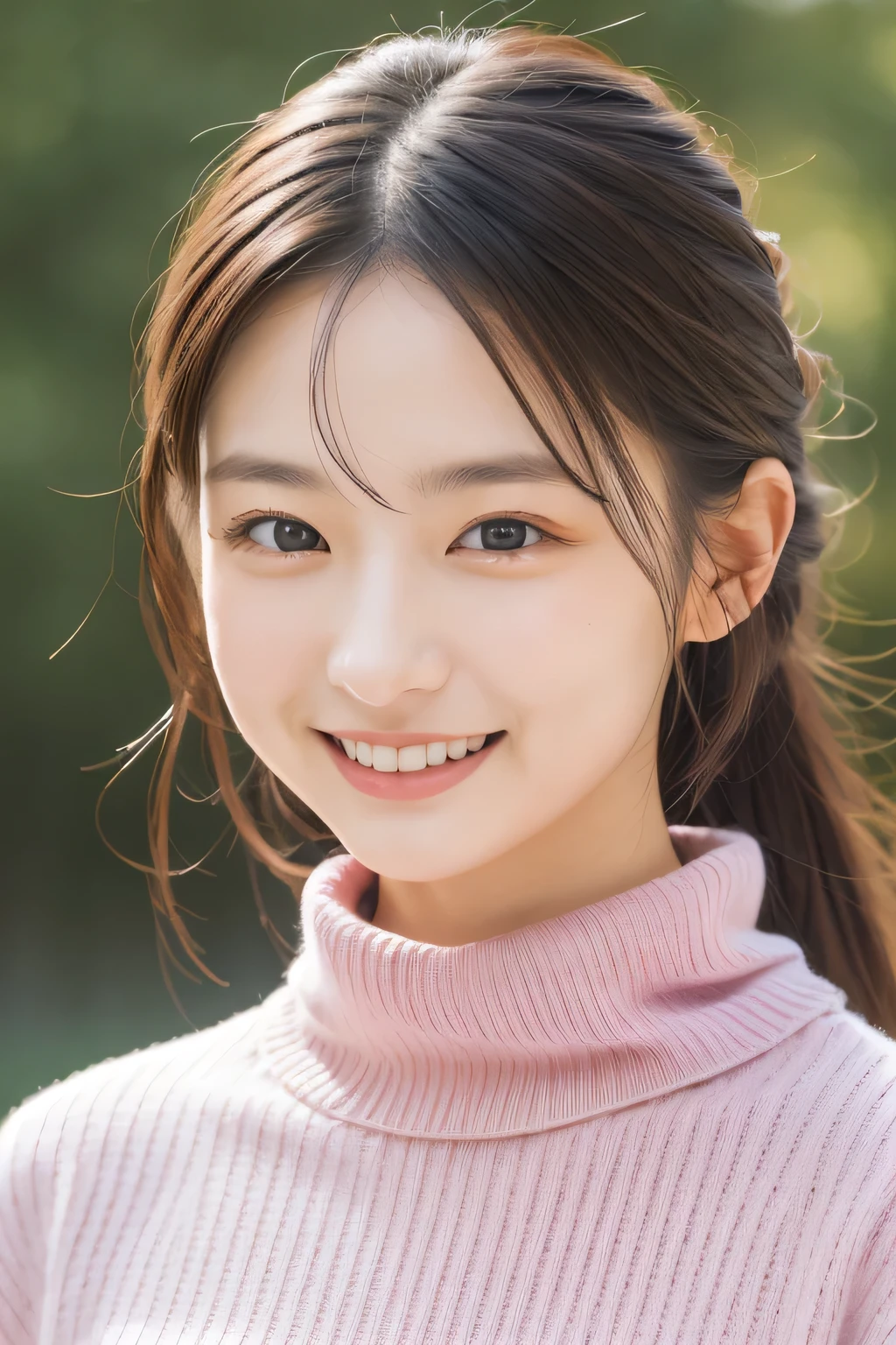 (masterpiece, highest quality, looking at the viewer:1.4), close, RAW photo, confused, 8K, 85mm, Sophisticated, Dalpink Turtleneck Sweater, (smile:0.2)