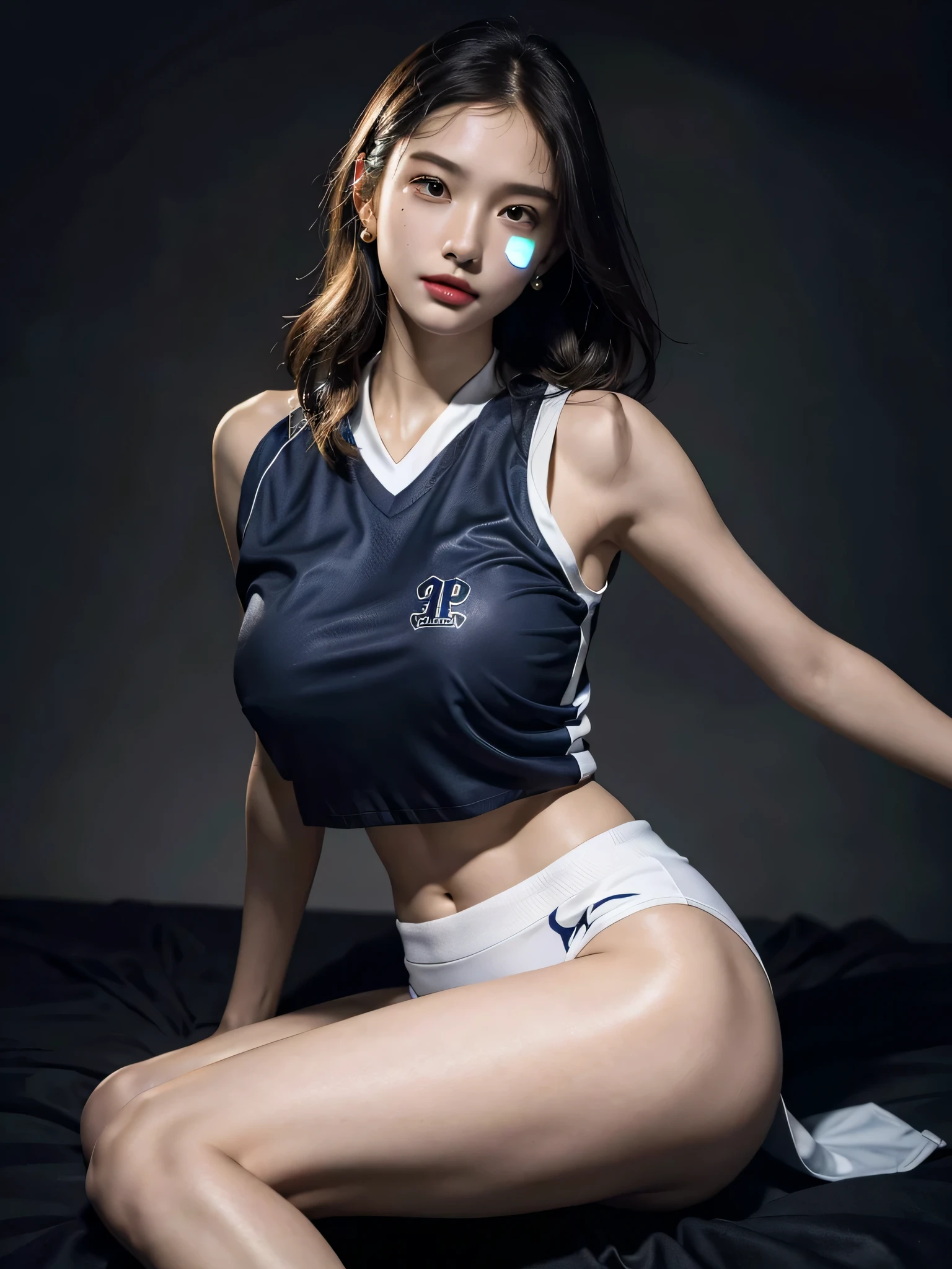 disorganized, RAW photo, very delicate and beautiful, masterpiece, highest quality, ultra high resolution, 16k, surreal, super detailed, perfect anatomy, super dense skin, perfect figure, Highly detailed CG 8k wallpaper, 20's, very slim body, (tight waist:1.1), very small head, very small face, delicate features, tearful mole, mole on chest, earrings, thin legs, (very huge round breasts:1.3), (full body shot), short middle hair, wavy hair, (volleyball uniform:1.2), No sleeve, (barefoot:1.1), abdomen,