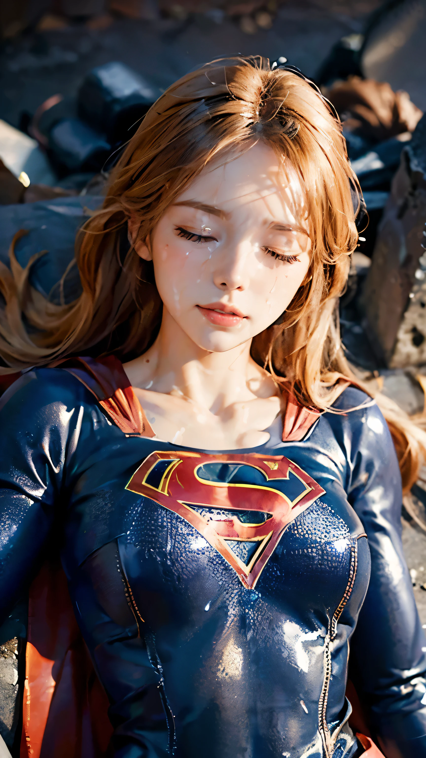 (perfect anatomy, anatomically correct, super detailed skin))), 1 woman, ((super girl suit, Supergirl Mellissa Benoist)), from front, shiny skin, detailed hair, detailed face, detailed eyes, long spread hair, natural bangs:1.4, blonde hair, beautiful body, normal breasts, beautiful thighs, beautiful legs, camel toe, ((detailed cloth texture, red skirt, torn clothes, red boots)), (lying flat on back:1.4), ((close eyes:1.6)), (unconsciousness:1.8), (painful:1.3), (defeated from fighting), laying down flat on the ground, in the underground cave, ((whole body:1.8)), (8k, top quality, masterpiece​:1.2, extremely detailed), (realistic, photorealistic:1.4), beautiful illustration, dim lighting, (semen on chest:1.6), (semen on forehead:1.2),