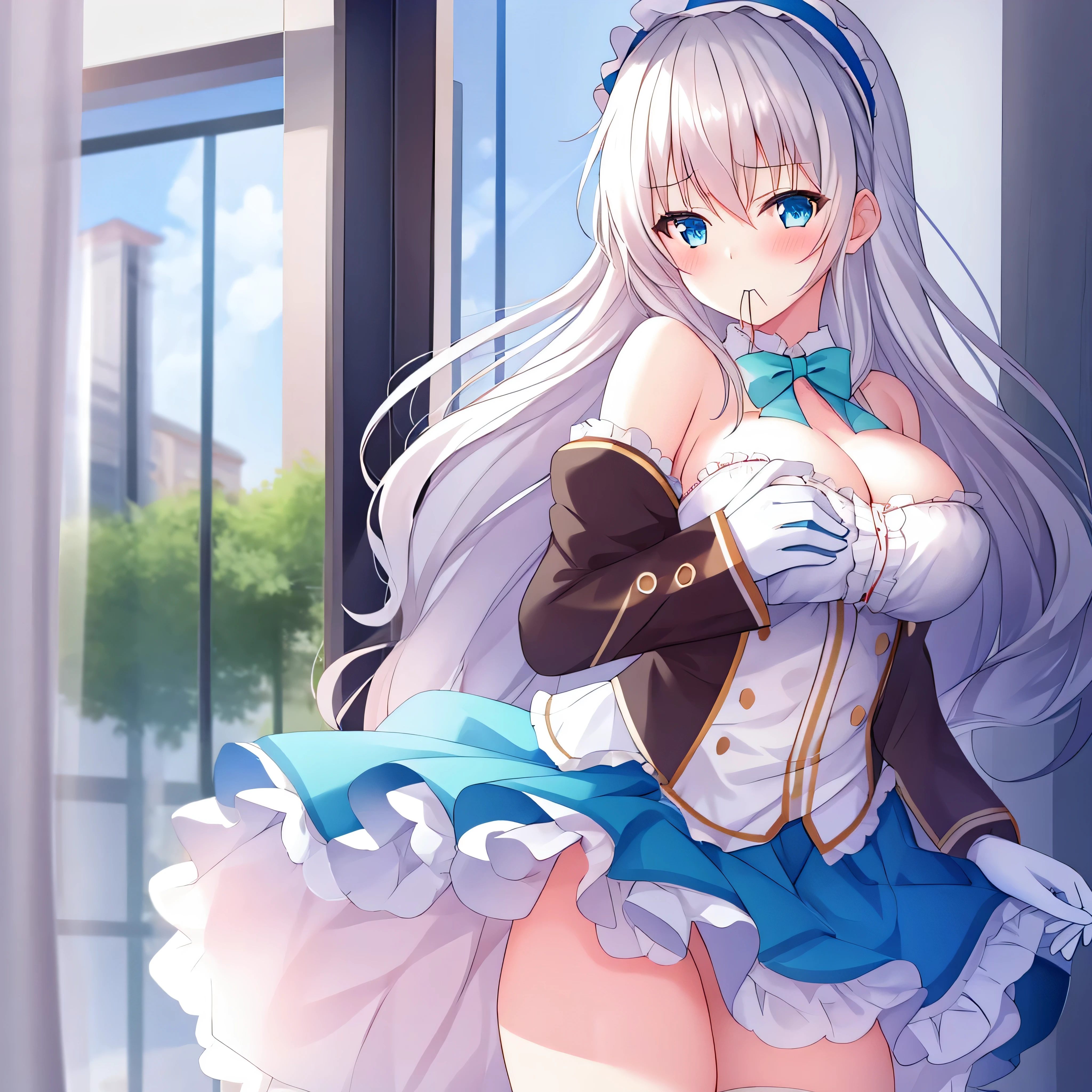 1 girl, underwear, alone, , White-haired_hair, hindquarters, Gloves, long_hair, boobgasm, blush, pink_, skirt, scarf, watch_exist_peeping exist the viewer, lie, only_shoulder, mediexisting_boobgasm, blue_Eye, White seeds_skirt, watch_Back, ground_meter, Turquoise blue_scarf, decorate, Back, closure_Mouth, drops of sweexist,