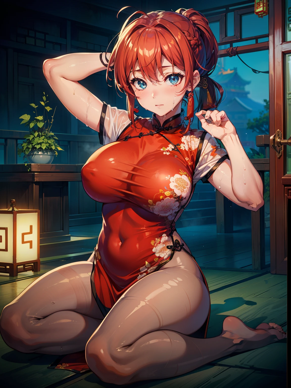 (Masterpiece:1.2, 8k, RAW photo, High Quality, High-Detailed, Detailed CG, Cinematic Lighting, Photorealistic Lighting, Beautiful Detailed Eyes, Ultra Resolution), (Erotic Suggestiveness:1.0), (China Dress:1.5), (Erotic Dress:1.0), (Exposed Breast:1.0), (Anime Style:1.3), (Anime Female:1.0), Large Breast, Feet, NSFW, Five Finger, Red Hair, (Ponytail Hair Style), (ポニーテール), (Braided-Ponytail), (編組のポニーテール), Detailed Hair, Blue Eye, Drenched in Sweat, Wet Body, Thigh, Black-Pantyhose, Pantyhose, Embarrassing Face, Chinese Room, Chinese Background, Blurry Background, Blue Background, Night
