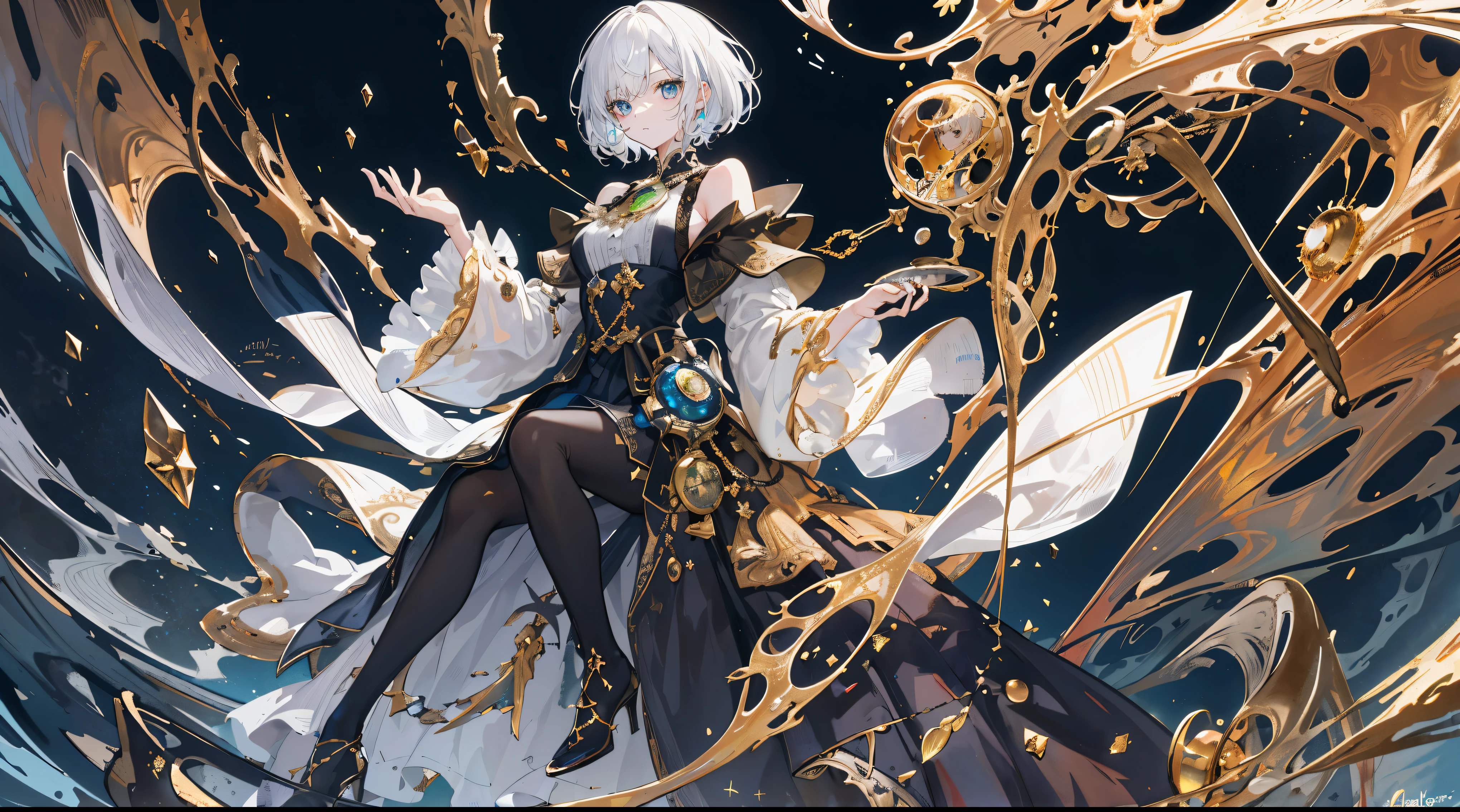 ((super detailed)),((illustration)),((masterpiece)),(((need))),((beautiful eyes)),(Extremely detailed CG Unity 8K wallpaper,best quality,masterpiece),((4K,masterpiece,best quality)),The girl with short white hair holds a dark scepter in her backhand,He holds a handful of golden straw in his left hand,There is green liquid on the clothes,alchemist,monocle,steam style,black and gold high heels,A jar of alchemy floats next to him,On his right hand hangs a black apple,around the beaker,Holding a beaker with liquid in his hand,no bangs,Villains in a bottle,Full body close-up perspective
