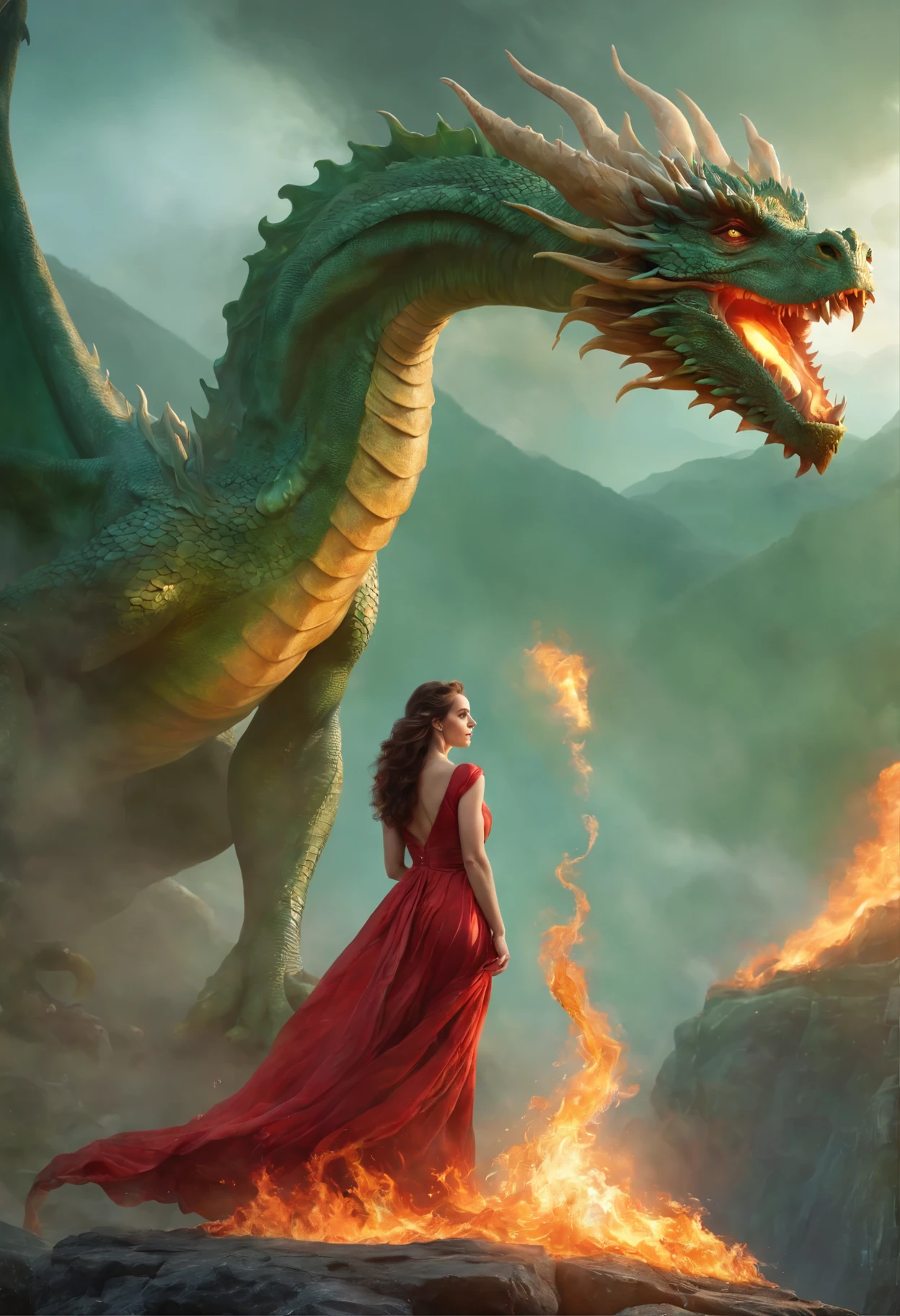 Painting of a woman with brown curls in a fiery dress standing under a huge green dragon on a ledge of a rock in fire, Goddess of fire, wonderful fiery mood, fabulous digital painting, Magical colors and atmosphere lost in a dreamy fairy-tale landscape, Magical colors and atmosphere, Fiery light, moody foggy fantasy art, Standing in a mystical forest, Fantasy Digital Painting, Dragon Tranquility, Dreamy Scene, Mystical Scene, Fire Empress