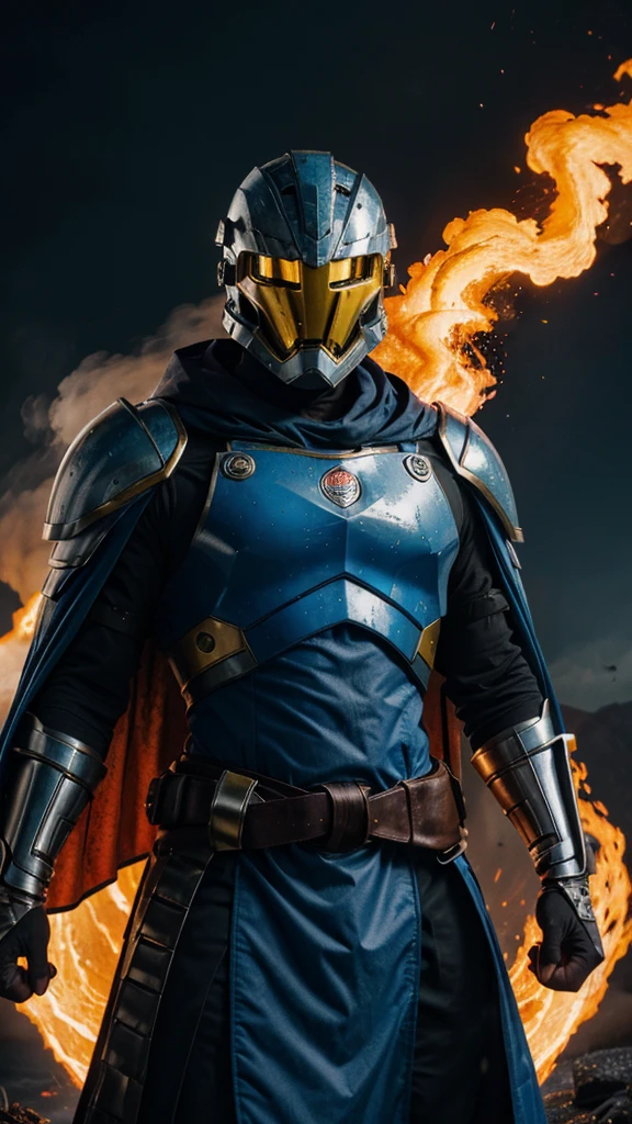 (best quality, high-res), white technological mask and helmet, man with yellow eyes, mechanical shoulder armor with lava scales, clenched fists, billowing smoke, flowing blue cape