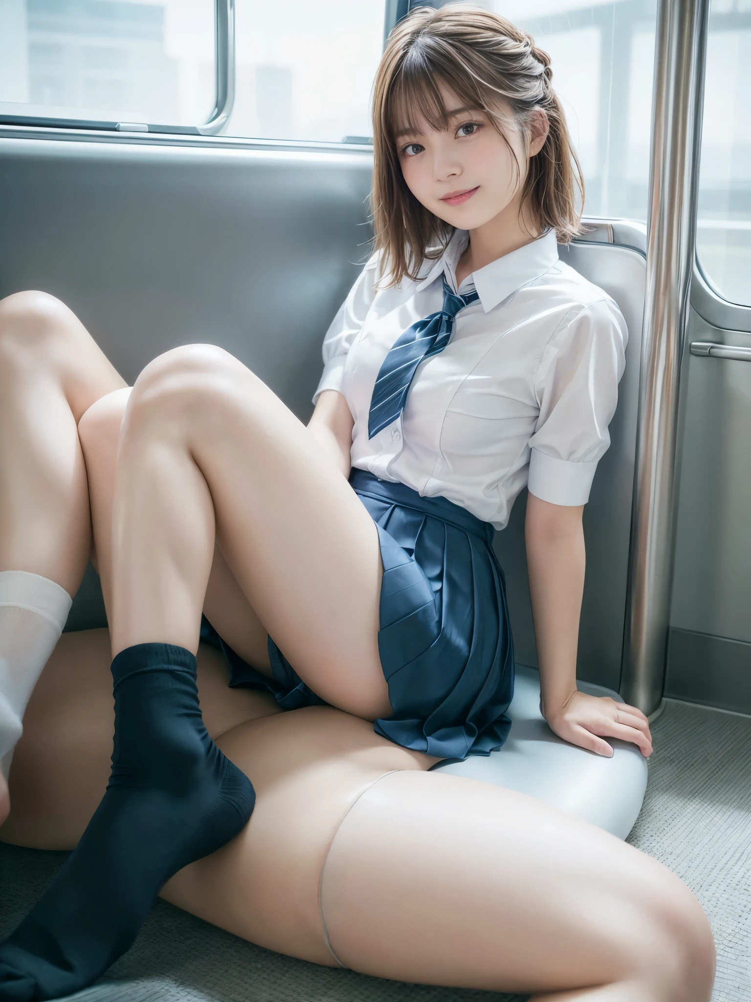 highest quality,very detailed,masterpiece,realistic,Photoreal,bright lighting,1 girl, very beautiful 17 year old girl, (cute:1.2),faint smile, (brown eyes),(light brown hair),(bangs),perfect shiny skin,perfect skin,((erotic,sexy and sexually explicit)),((Accurate needle without dissonance)), big and full breasts,big breasts and thin waist, pay attention to your audience,,((short sleeve uniform white shirt)),(blue mini pleated skirt),(((スカートをlift it yourself))),(lift it yourself),(show panties),Wearing panties,panties focus,((sit,open your legs wide)), socks, (black knee socks),(loafer shoes), daytime,in the train,Long horizontal seat with your back to the window, with a big smile